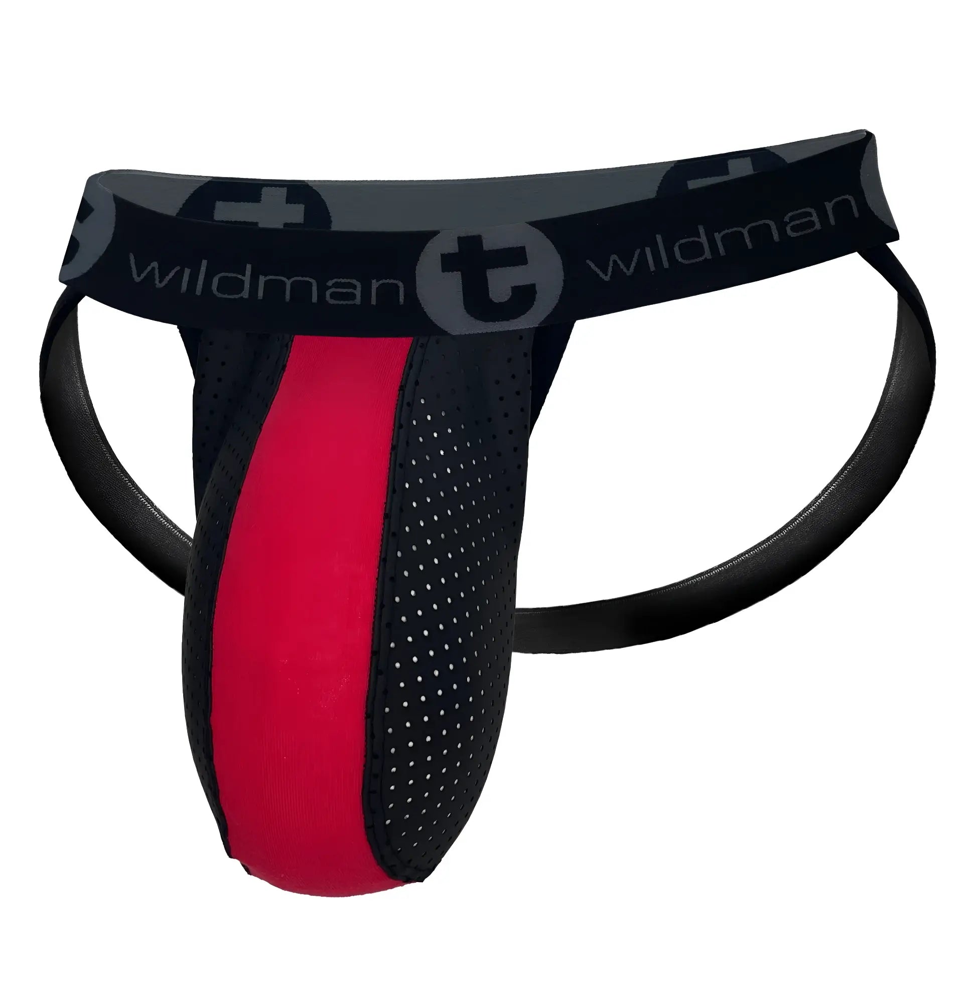 Red and black perforated jockstrap with a branded elastic waistband and central red panel.