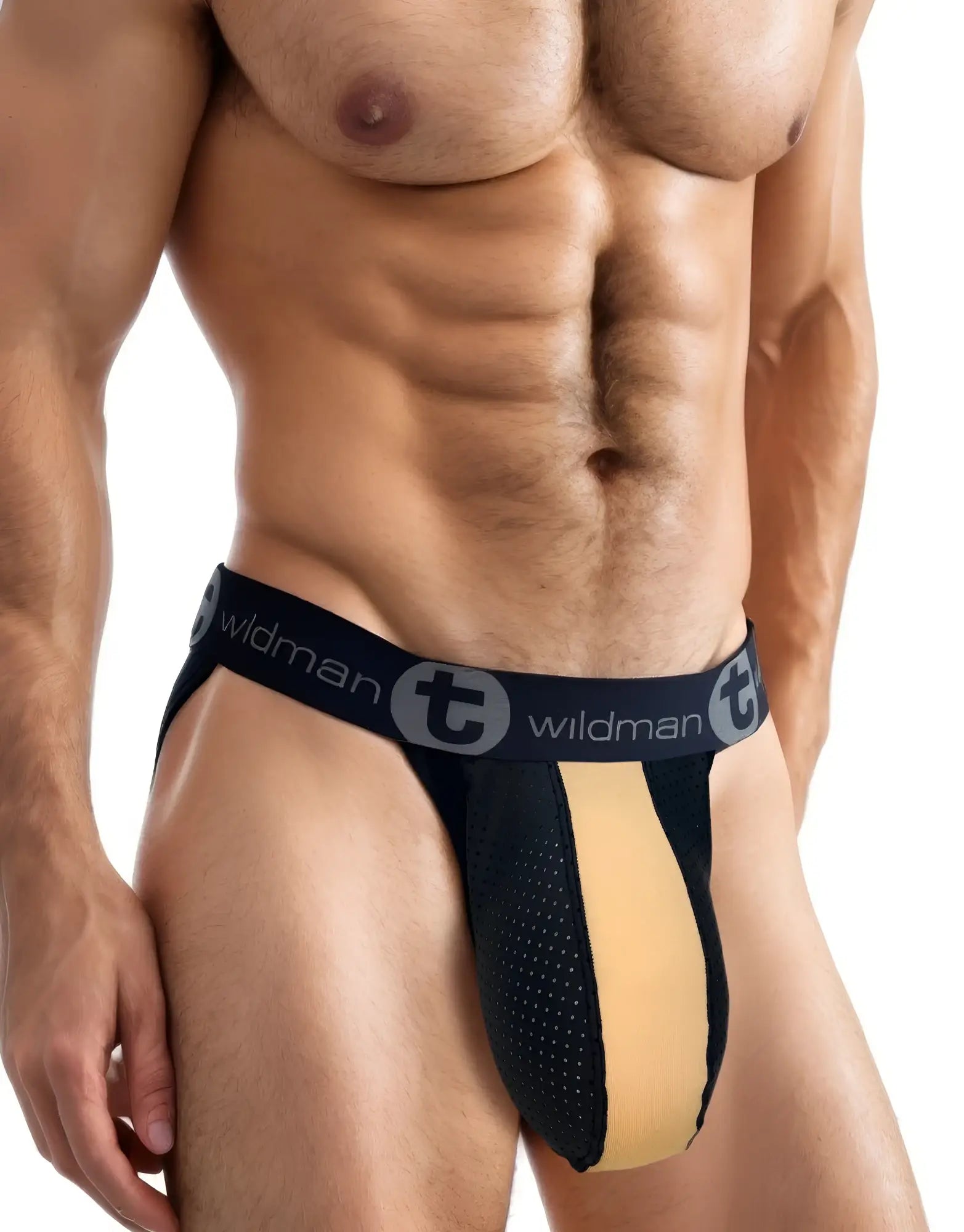 Tan and black mesh jockstrap with a branded waistband and a central panel, worn by a muscular man.