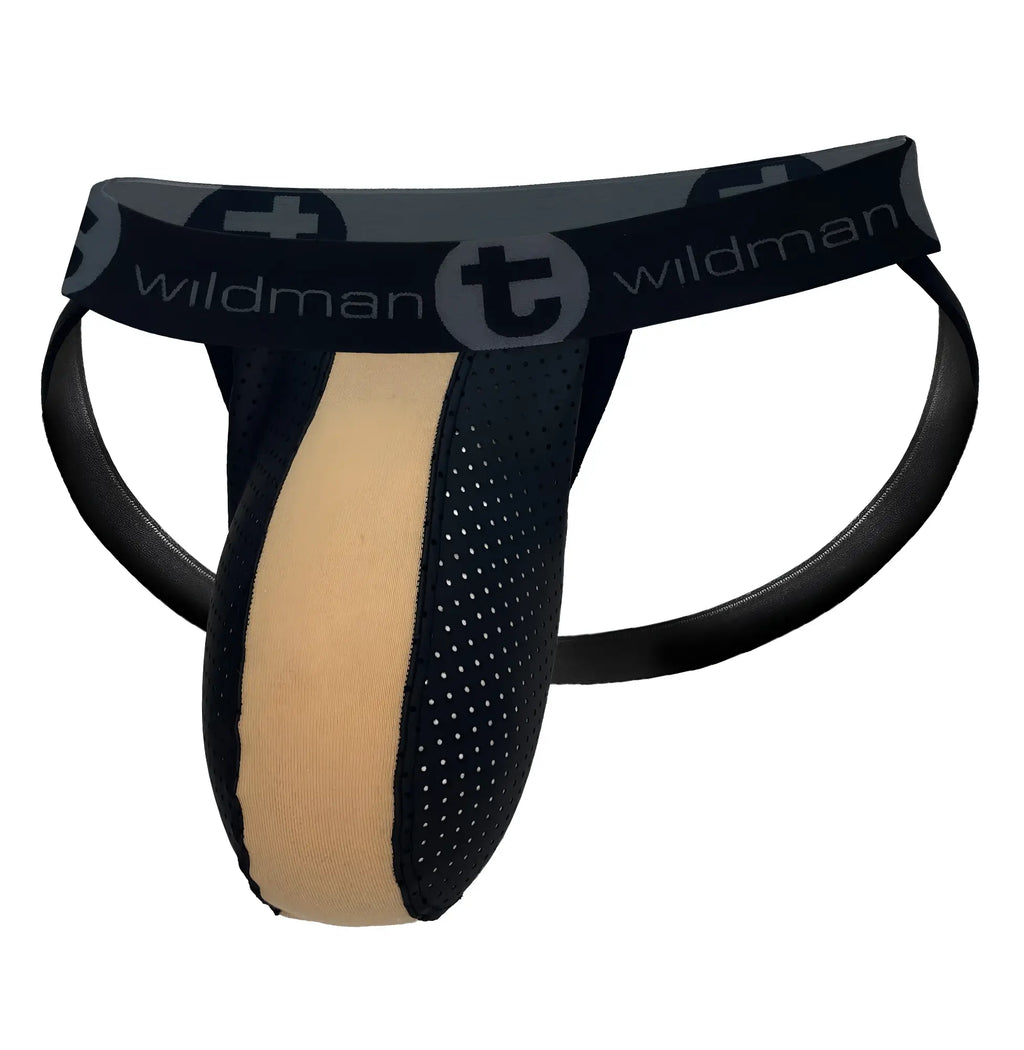 Tan and black perforated jockstrap with a branded elastic waistband and front contour pouch.