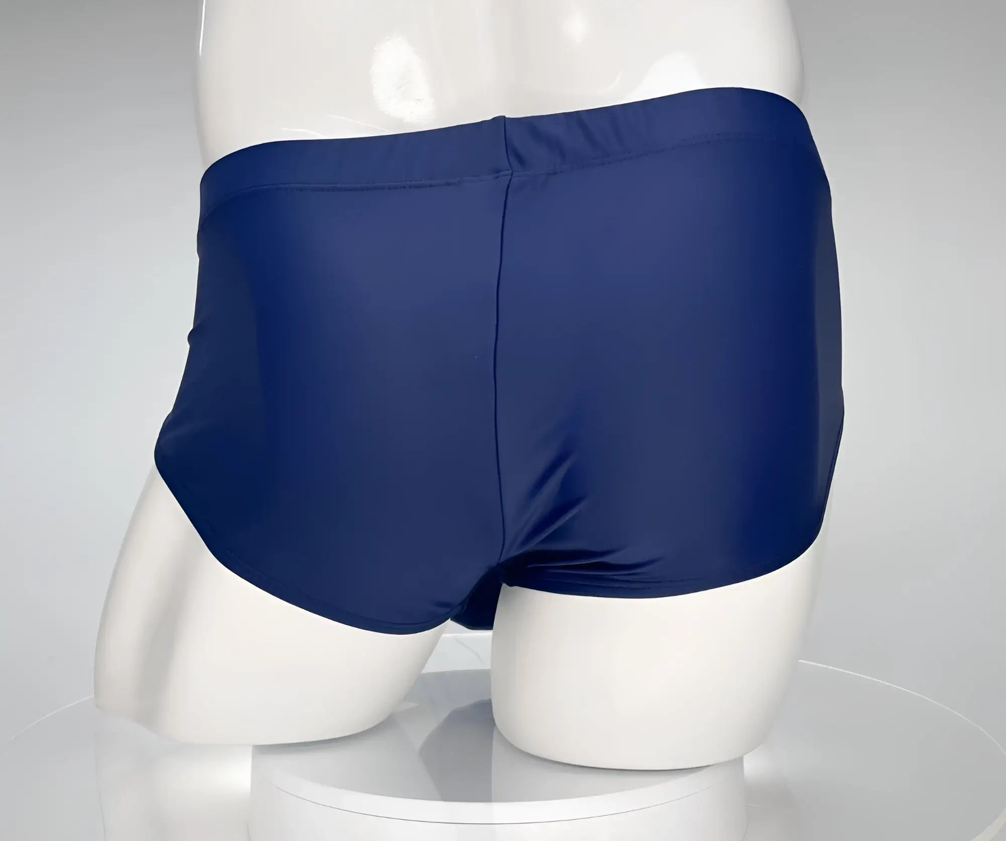 Navy blue swim brief on a white mannequin torso, back view. Solid color with a fitted, classic cut.