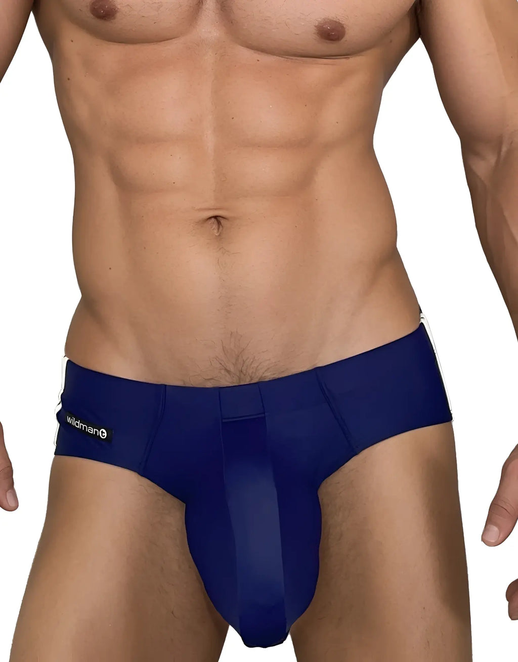 Navy blue WildmanT swim brief with a contoured pouch, low-rise fit, and small brand logo tag on the side hip.
