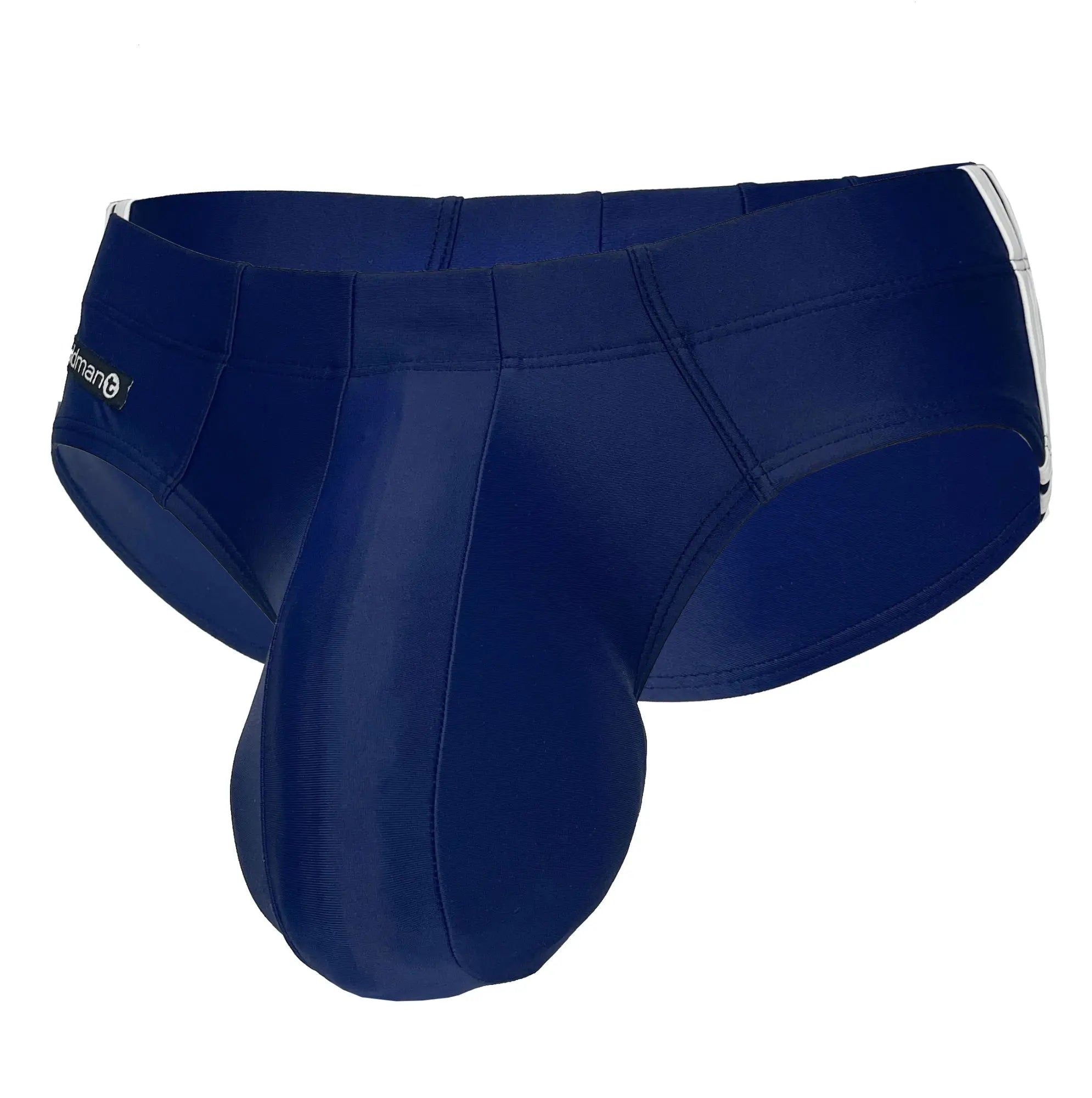 Navy blue WildmanT swim brief with a prominent contoured pouch and white side stripe detailing.