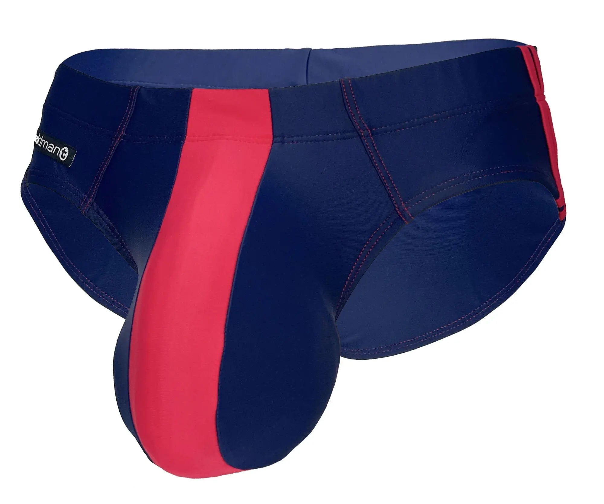 Navy blue and red swim brief with a prominent, contoured front pouch and contrast red stitching.