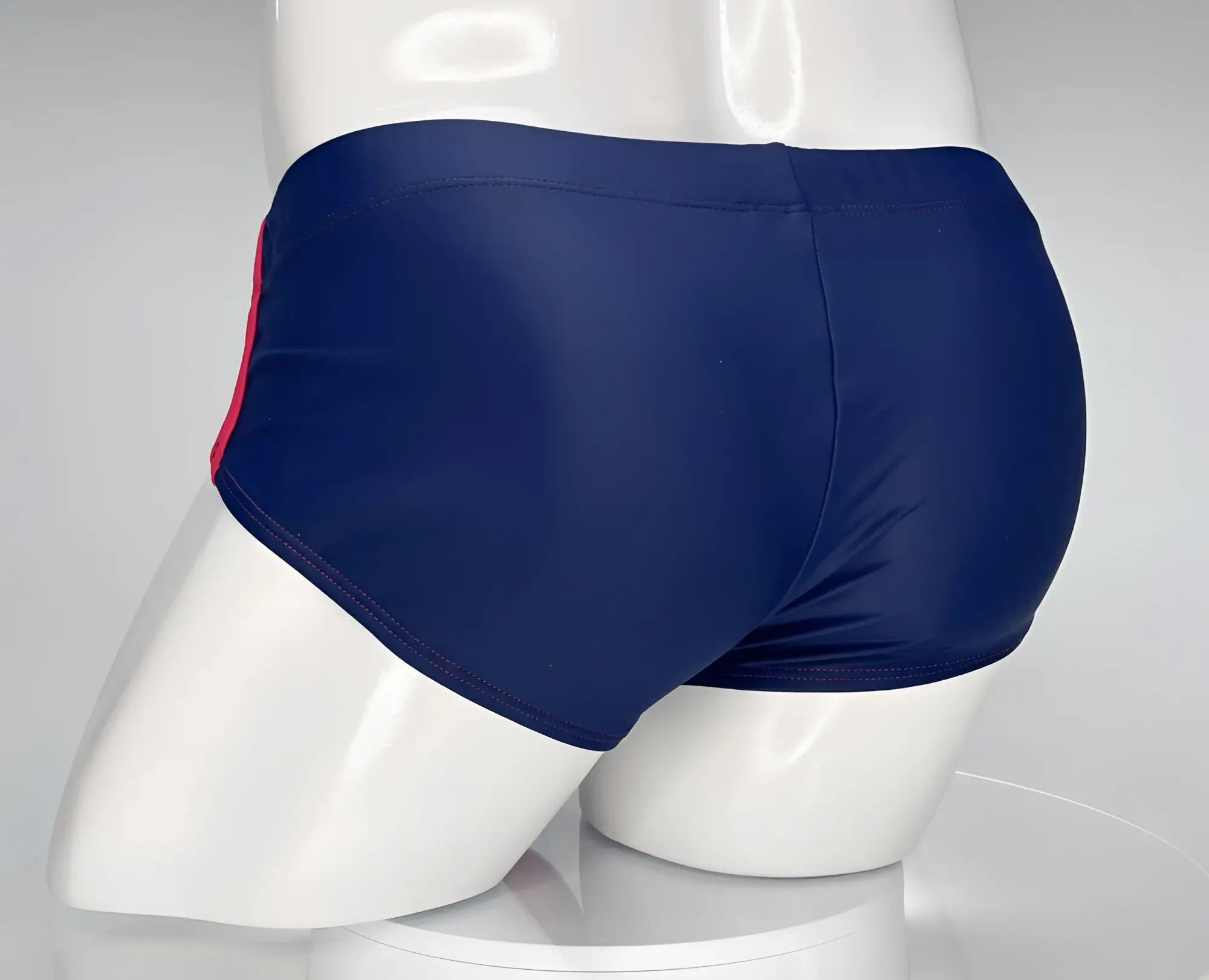 Navy blue WildmanT swim brief with red side stripes and red contrast stitching, shown on a white mannequin.