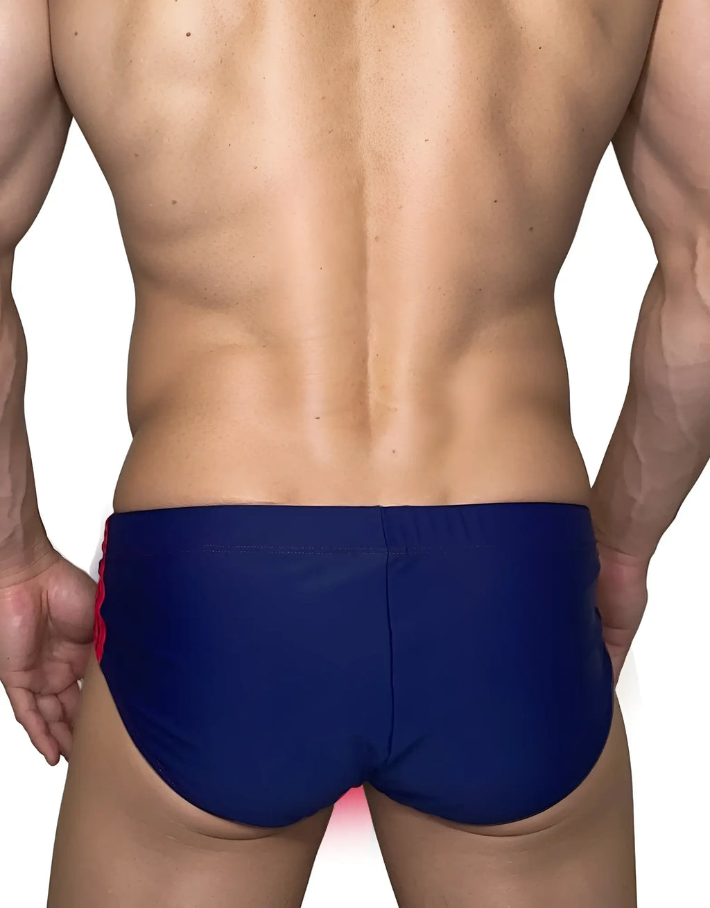 WildmanT navy blue swim brief with red side trim on a muscular model, back view.