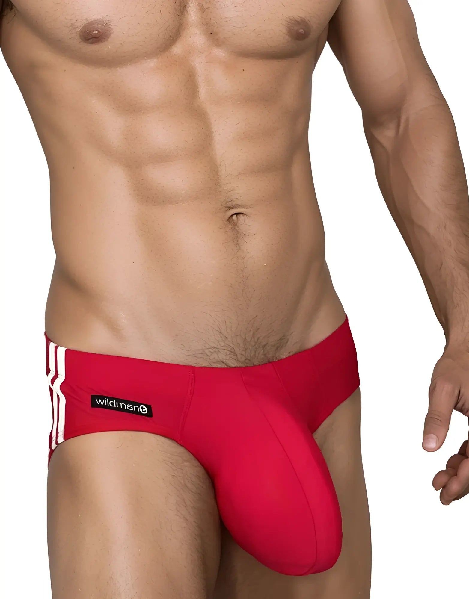 Red WildmanT swim brief with white side stripes and a black brand logo patch on the hip.