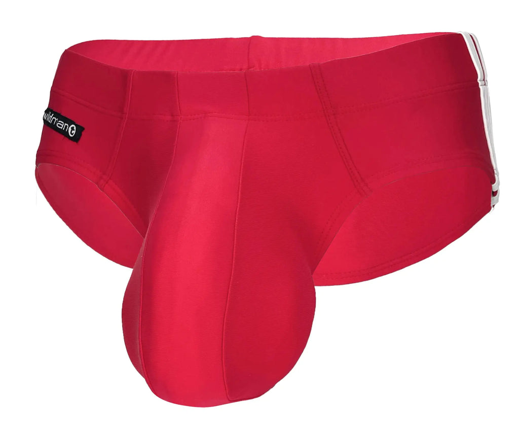Red WildmanT swim brief with a prominent, contoured pouch, white side stripes, and a black logo tag on the hip.