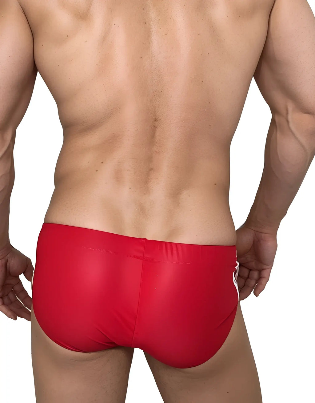 Red WildmanT swim brief with white side stripes, shown from the back on a muscular male torso.