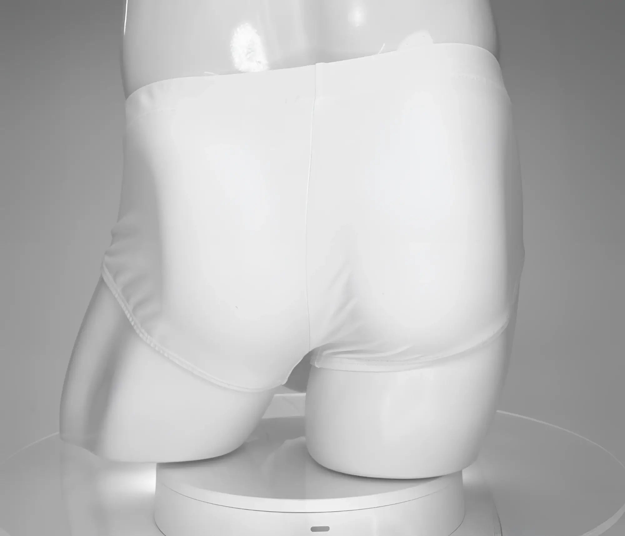 Back view of plain white WildmanT swim briefs on a mannequin, showcasing a simple, full-coverage design.