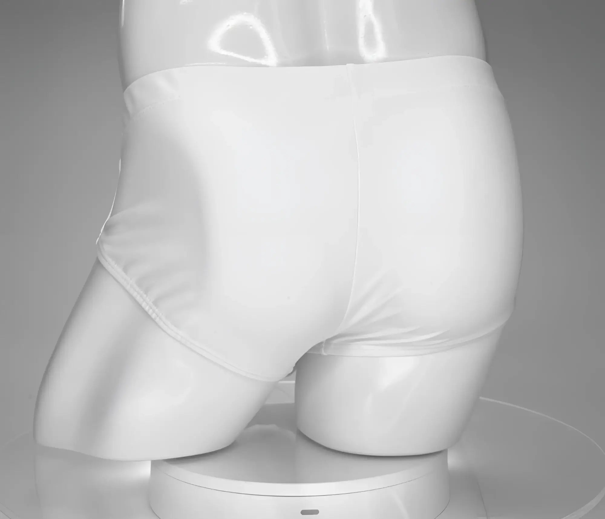 Back view of a plain white WildmanT swim brief on a white mannequin torso against a gray background.