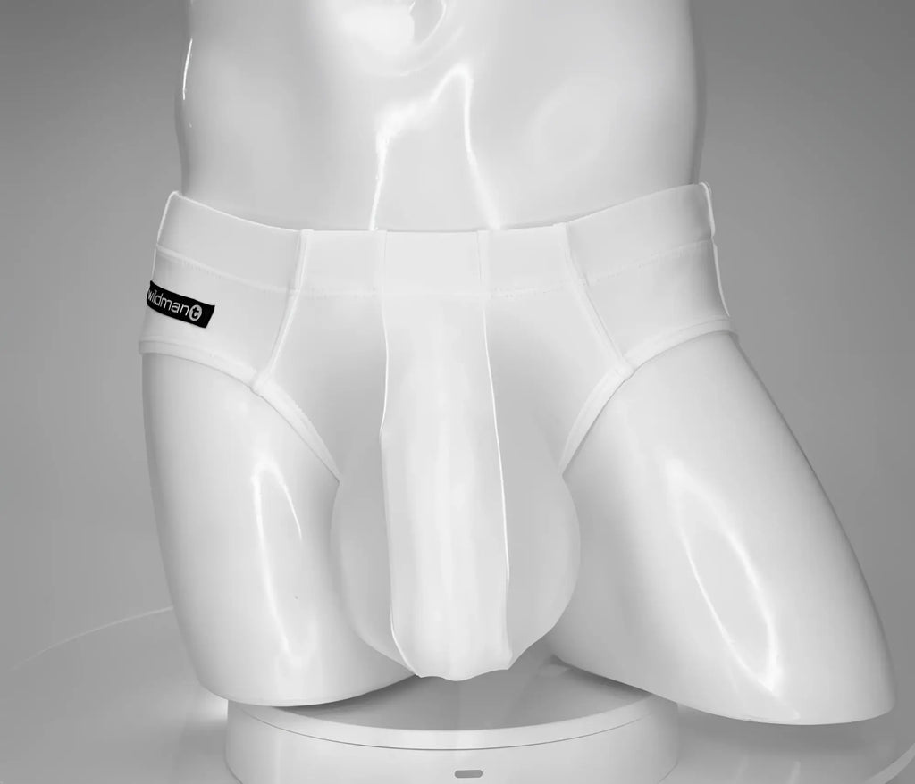 White WildmanT swim brief with a contoured pouch on a white mannequin torso against a gray background.