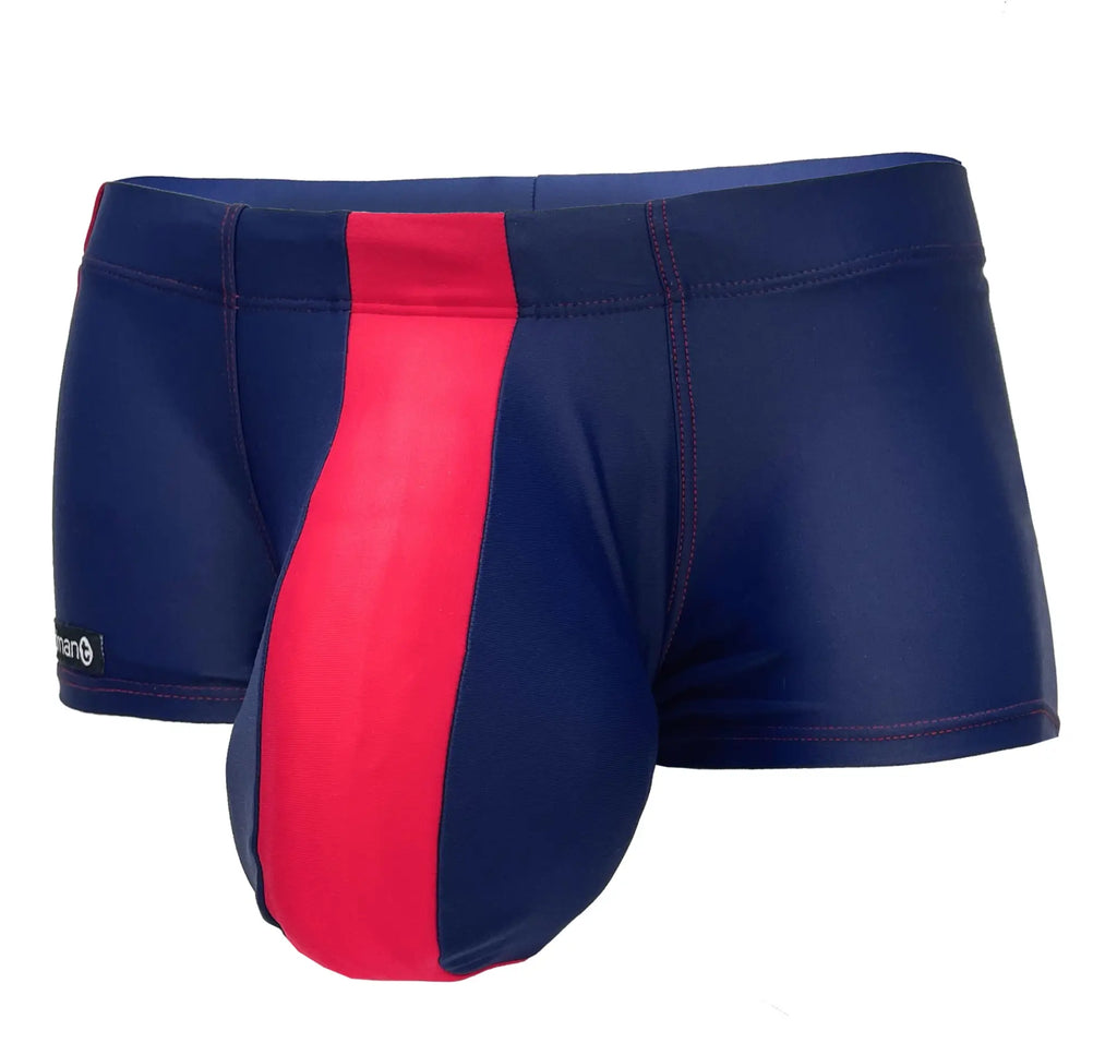 Navy blue square-cut swim trunks with a prominent red vertical front panel and red contrast stitching.