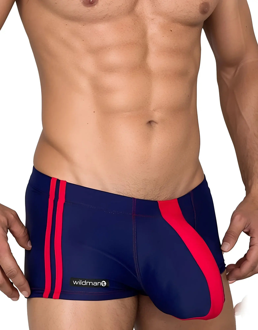 Navy blue square-cut swim trunks with two vertical red side stripes and a red accent panel on the front.