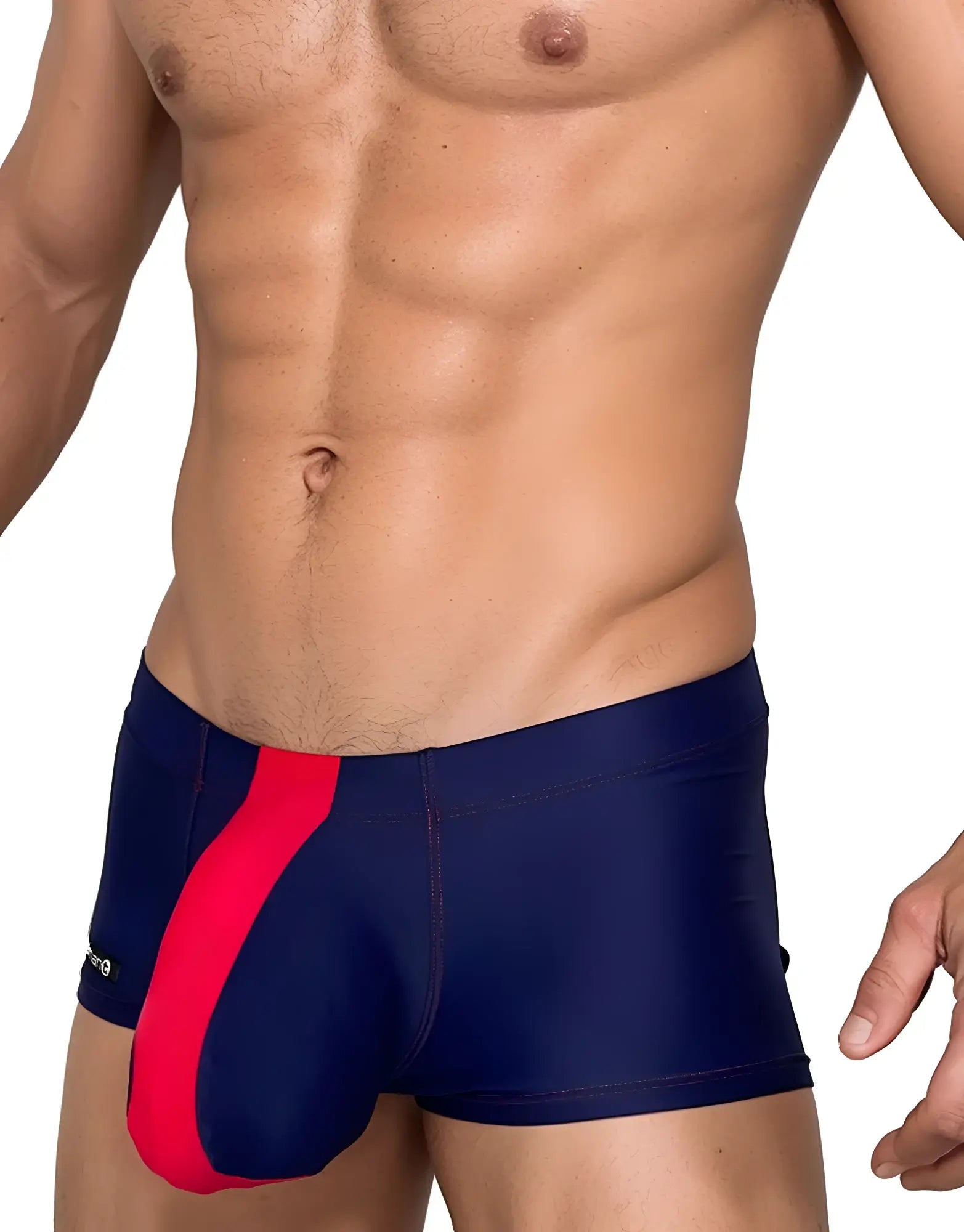 WildmanT navy blue square-cut swim trunks featuring a prominent red vertical stripe and contrast stitching.