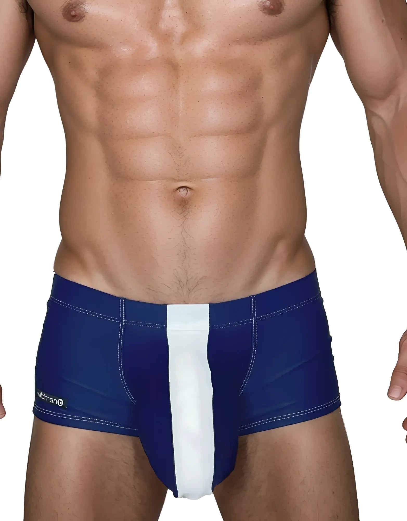 Navy blue swim square-cut trunks with a contrasting vertical white center panel and WildmanT logo tag.