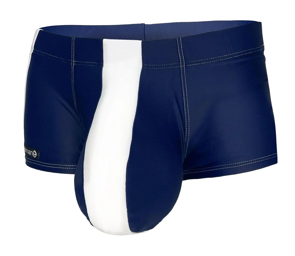 Navy blue square-cut swim trunks featuring a prominent white vertical front panel and a small WildmanT brand logo.