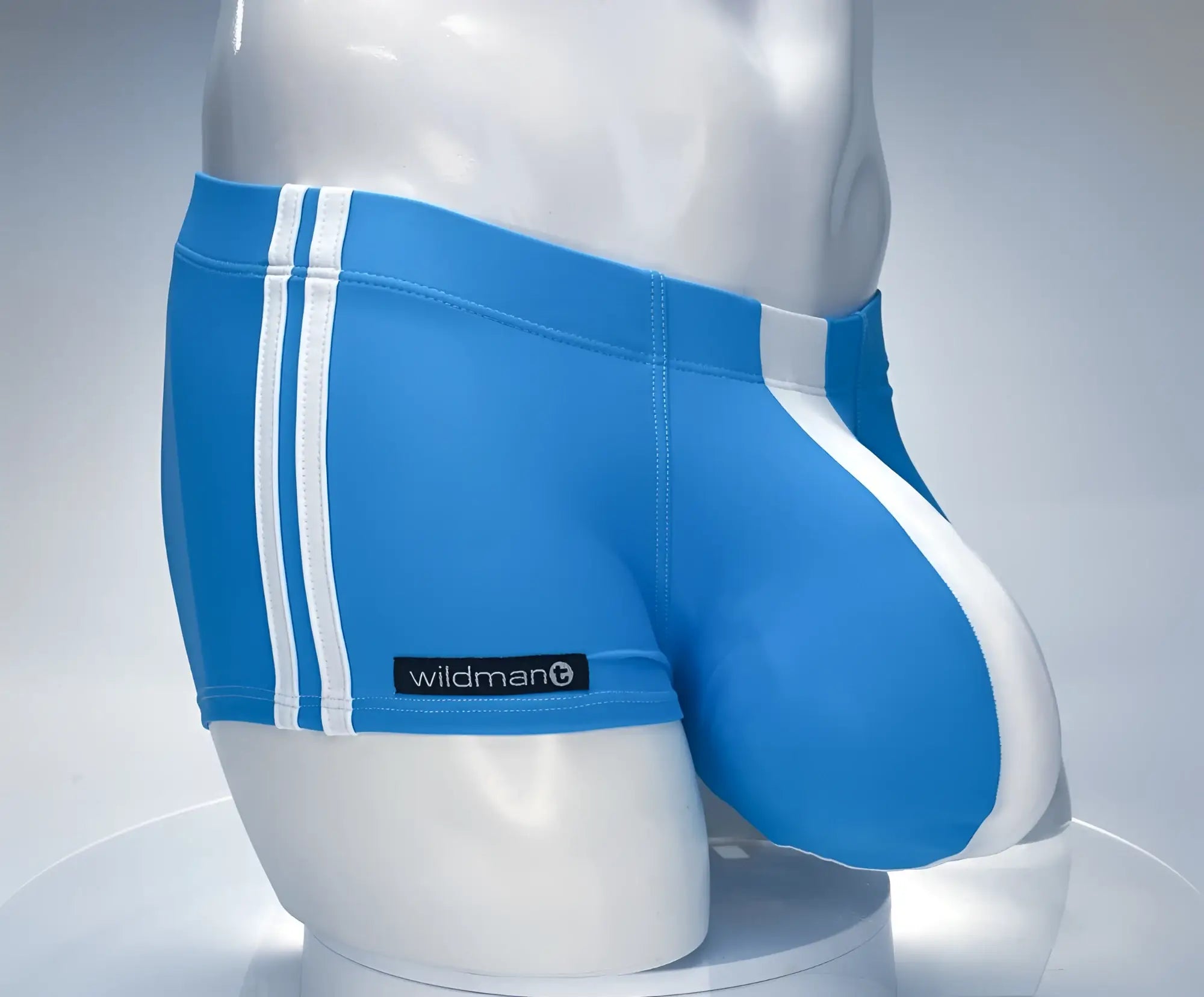 Teal and white WildmanT square-cut swim trunks with double side stripes and a contoured front pouch on a mannequin.