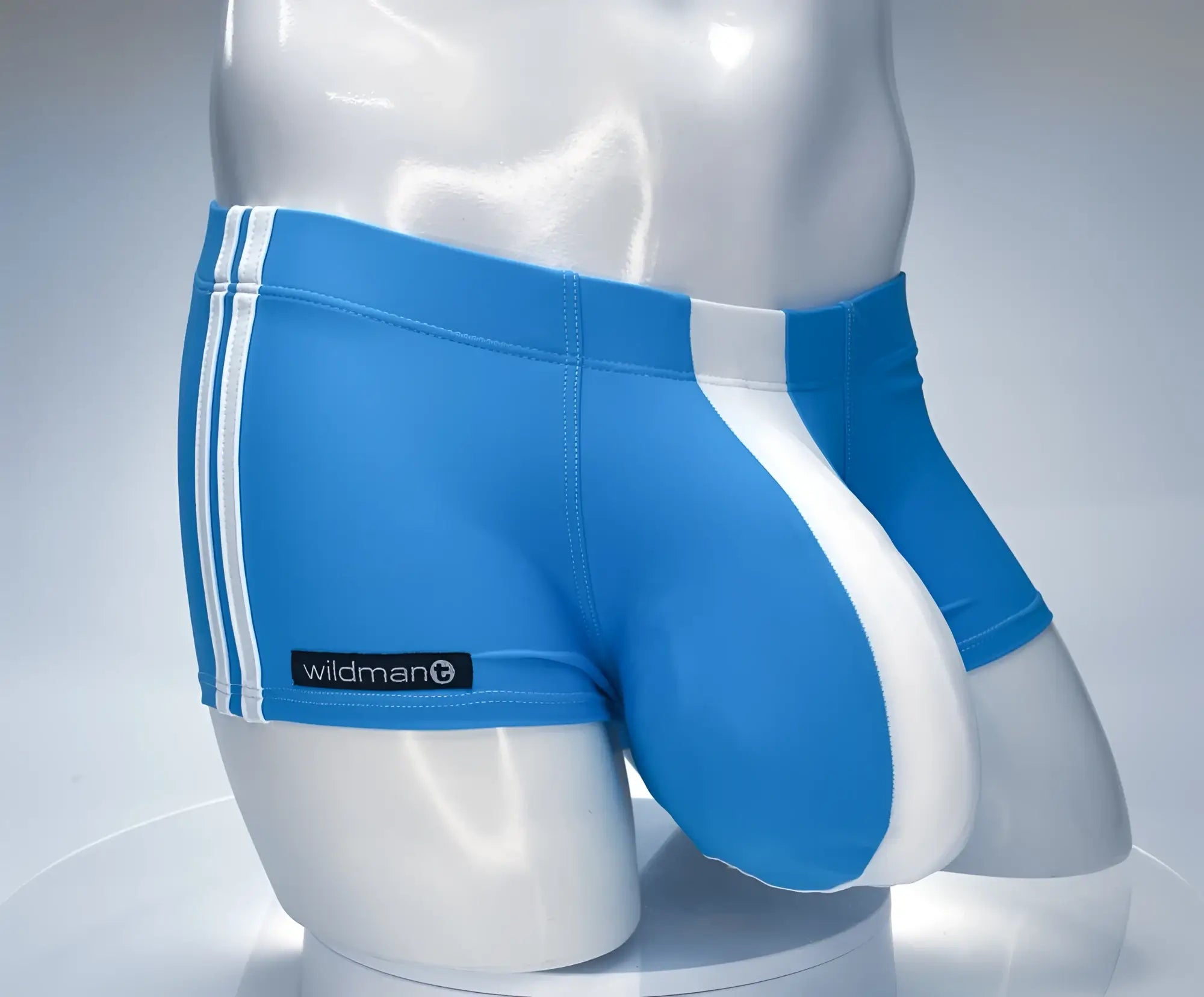 Teal and white WildmanT square-cut swim trunks with side stripes and a contoured front pouch on a mannequin.