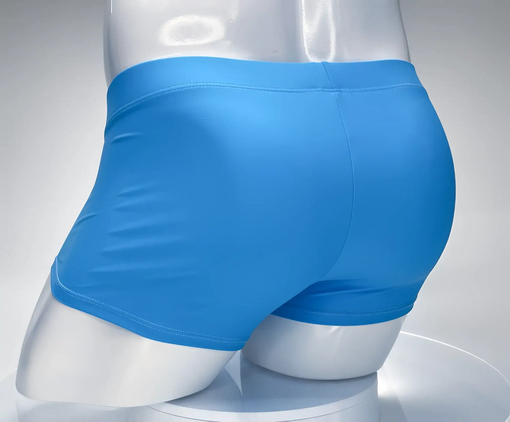 WildmanT teal square-cut swim trunks on a white mannequin torso viewed from the back.