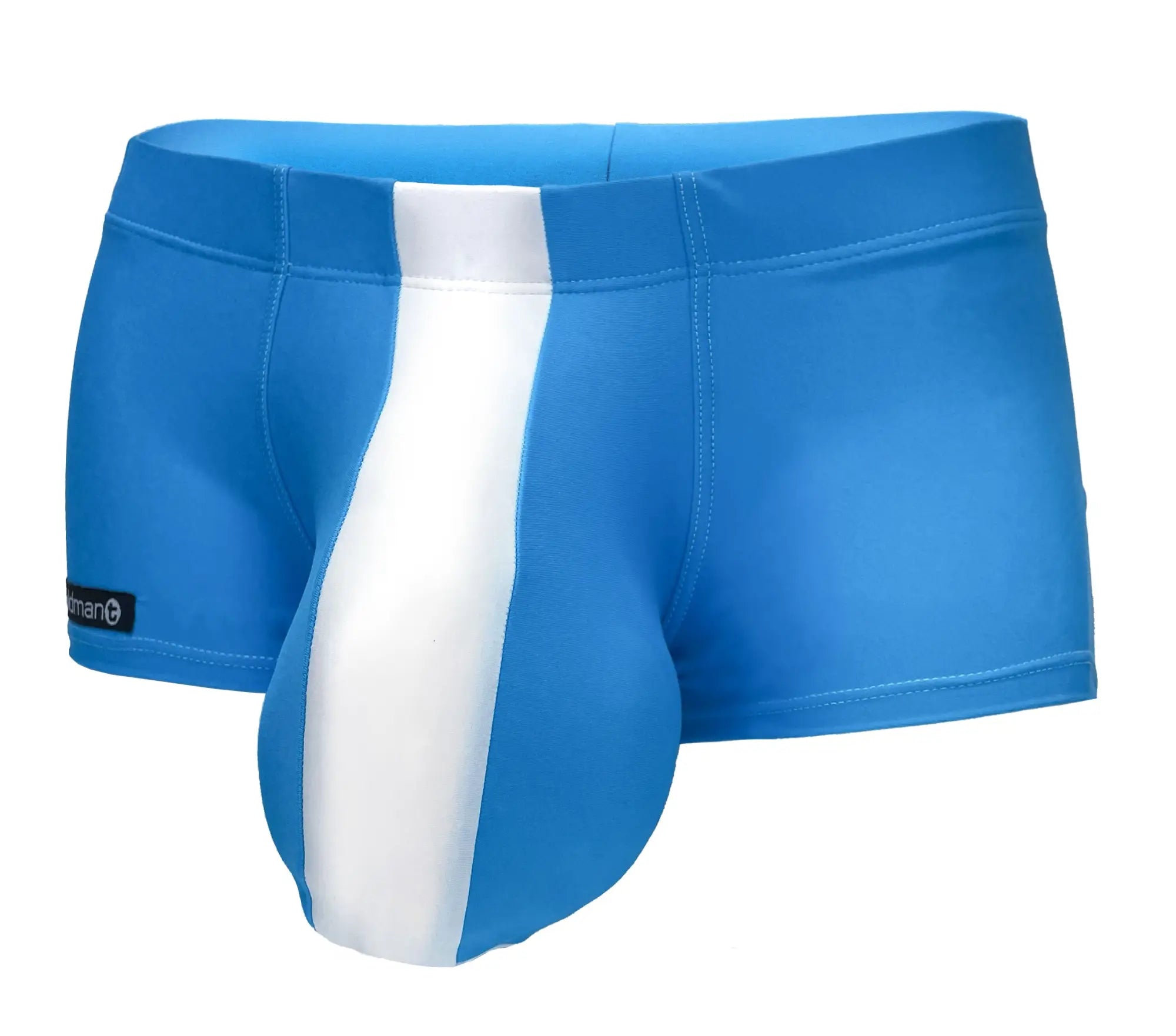 Teal square-cut swim trunks with a white vertical center stripe and a contoured front pouch.