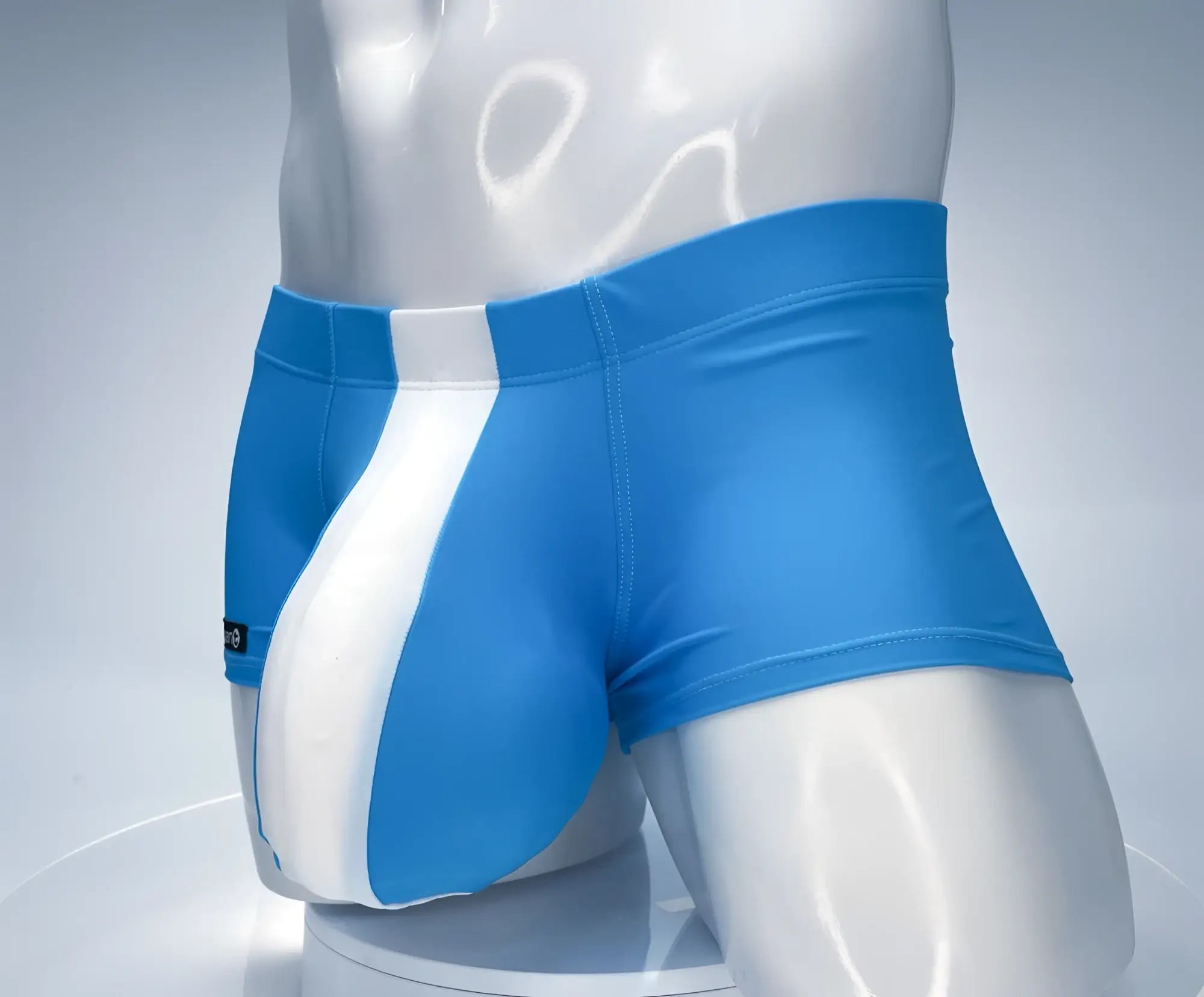 Teal and white WildmanT square-cut swim trunks on a white mannequin with a prominent, contoured front pouch.