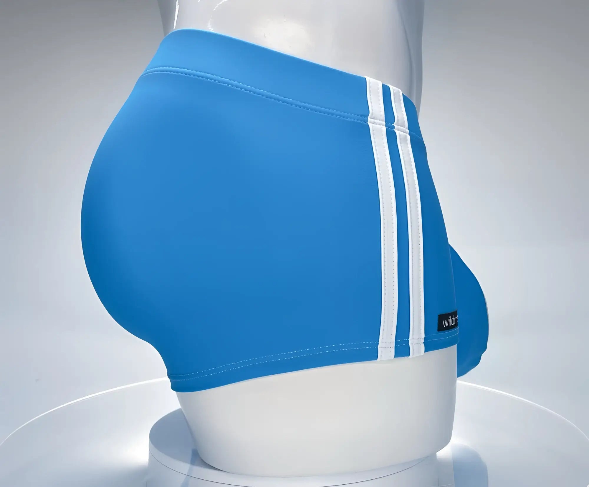 Teal WildmanT square-cut swim trunks with two vertical white side stripes and a small logo tag on a mannequin.