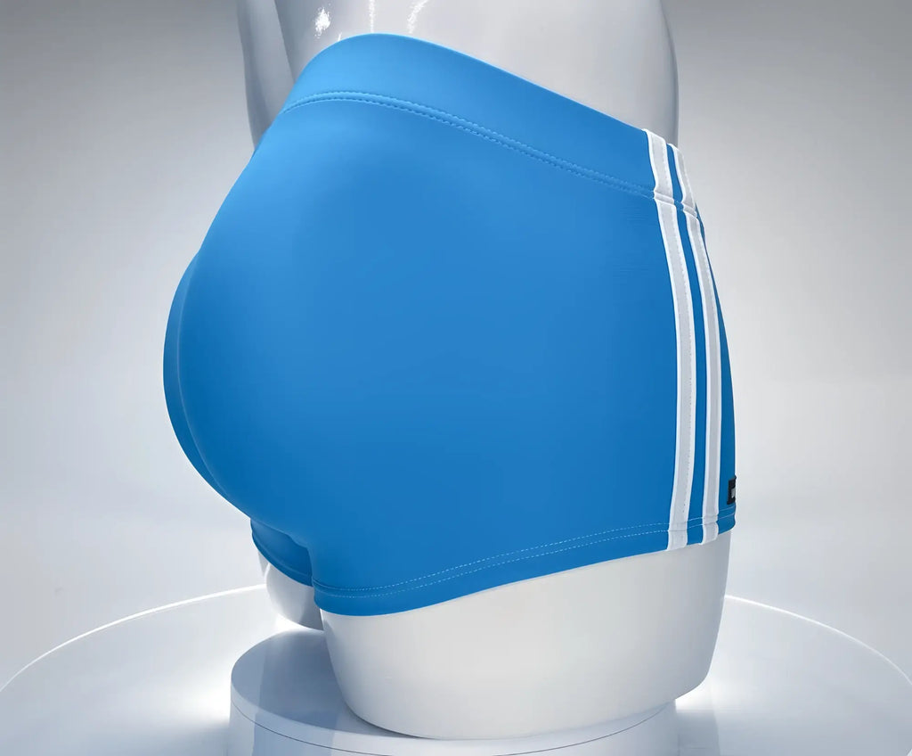 Teal blue square-cut swim trunks with two vertical white side stripes, displayed on a white mannequin.