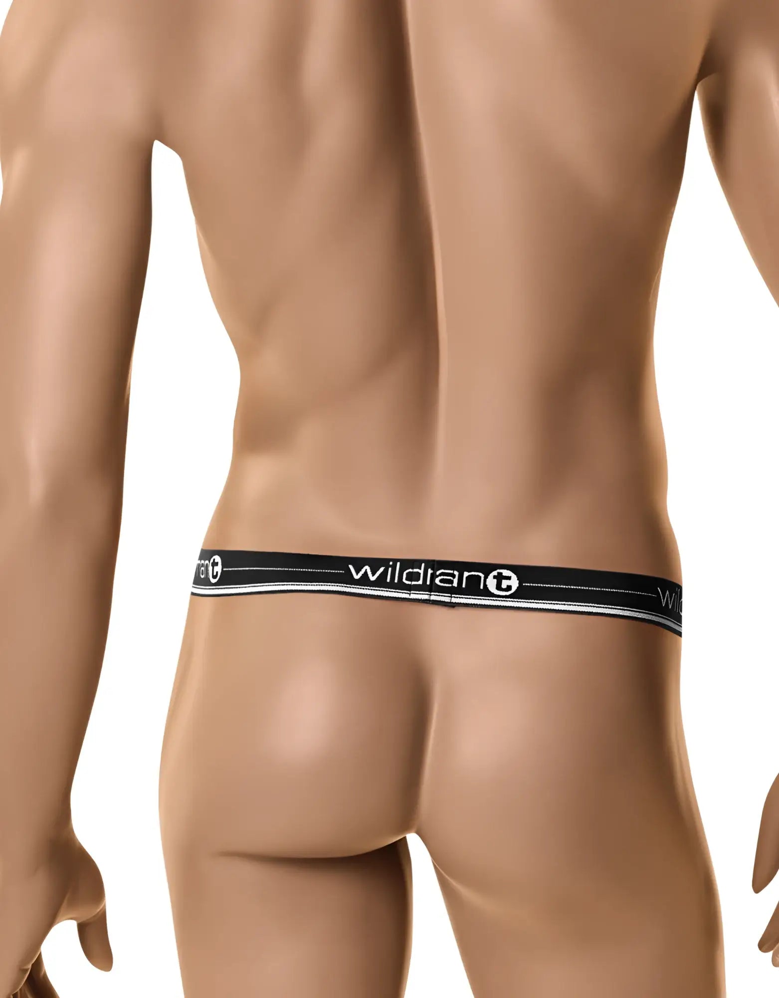 Back view of a male mannequin wearing a WildmanT black thong with a logo-branded white striped waistband.