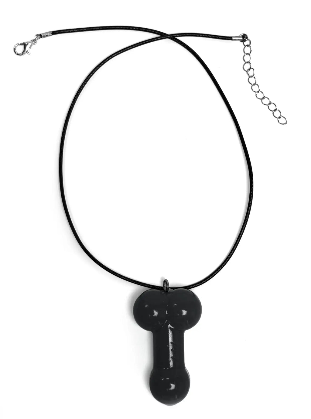 Black phallic pendant on a black cord necklace with a silver-toned metal clasp and extension chain.