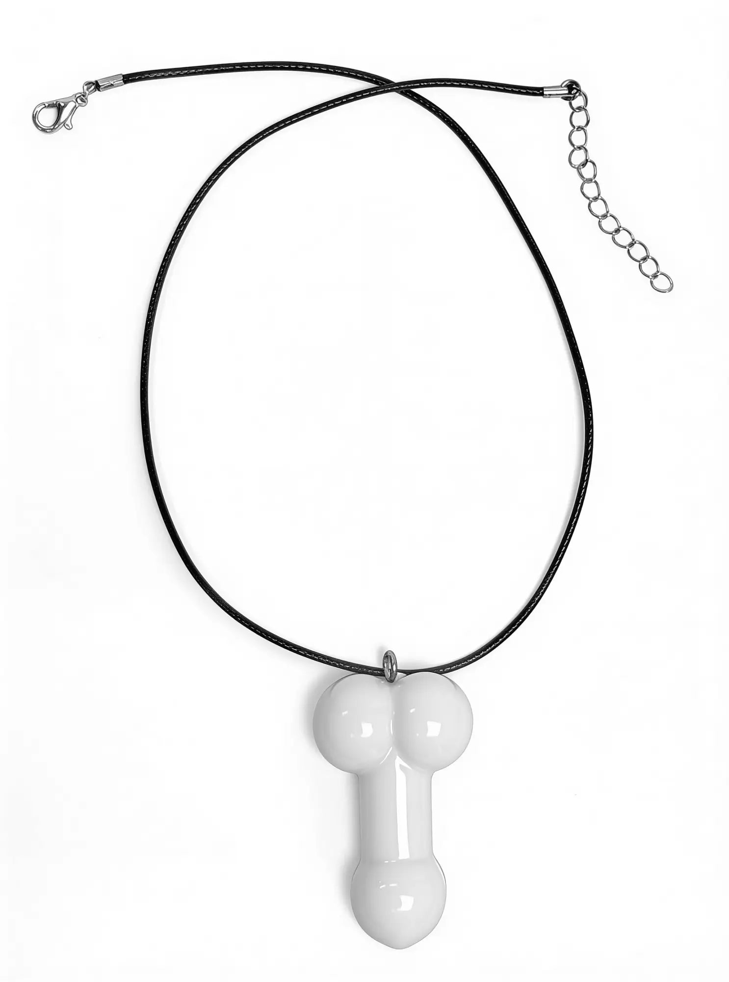Phallic-shaped white ceramic pendant on a black cord necklace with a silver-tone lobster clasp and extender chain.