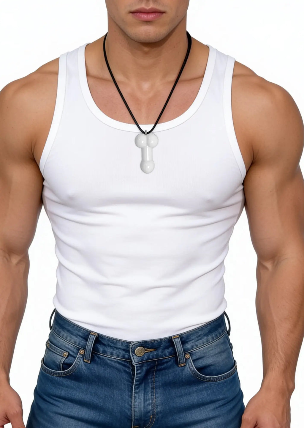 A man in a white ribbed tank top wearing a white, smooth phallic-shaped pendant on a black cord necklace.