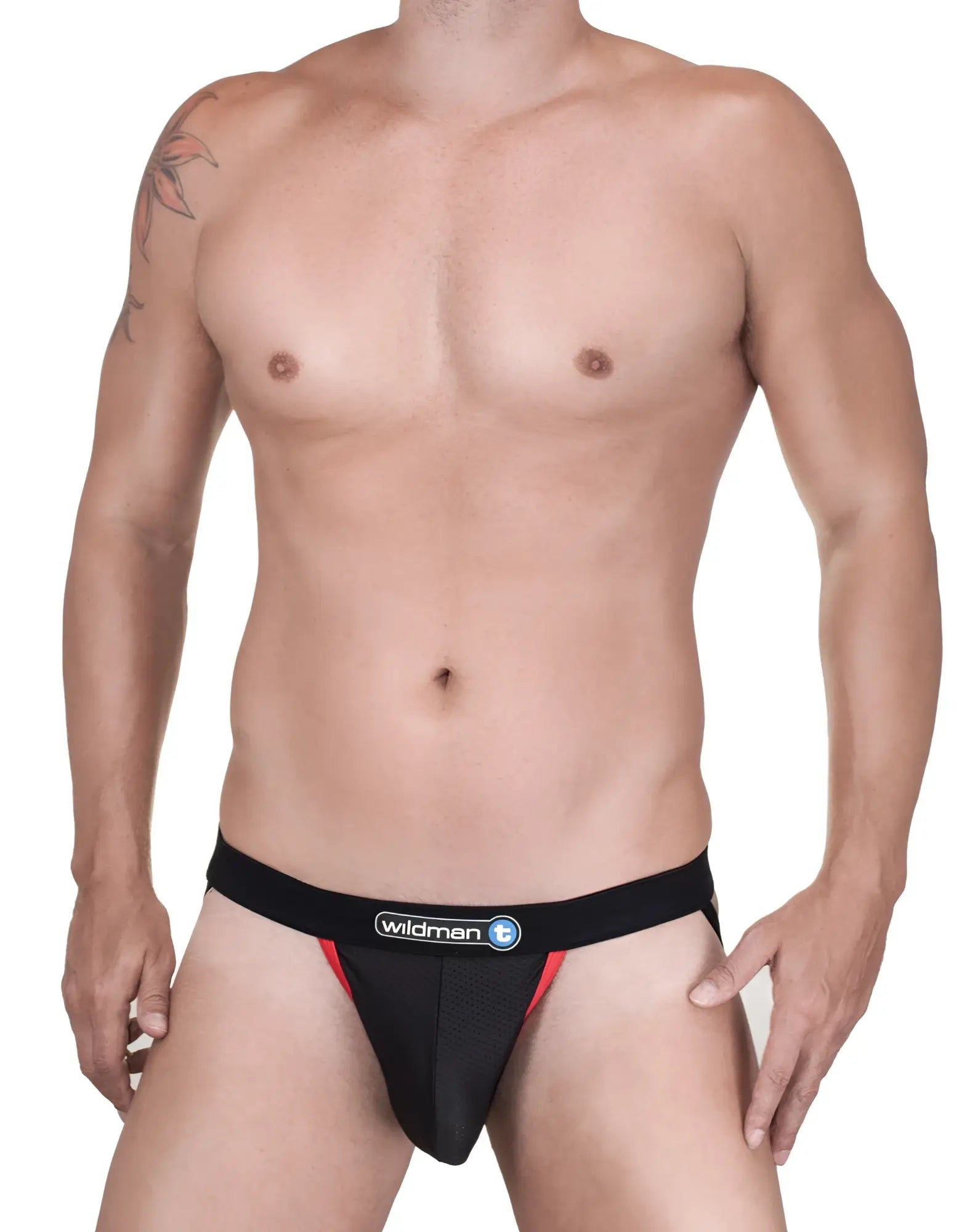 WildmanT black raw mesh jockstrap with red side accents and a branded black elastic waistband.