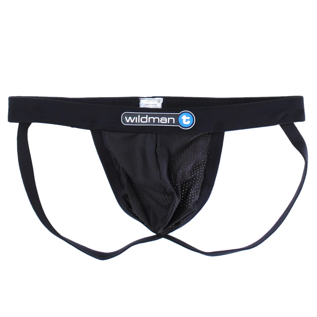 Black WildmanT raw mesh jockstrap with a black Duraband waistband and a centered white and blue brand logo.