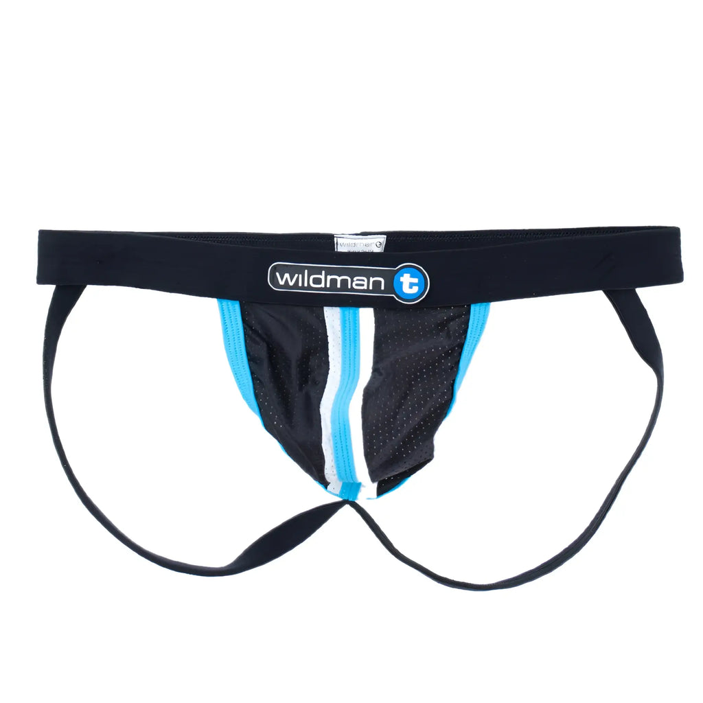 Blue and black mesh jockstrap with a black Duraband waistband featuring the WildmanT logo and center vertical stripes.