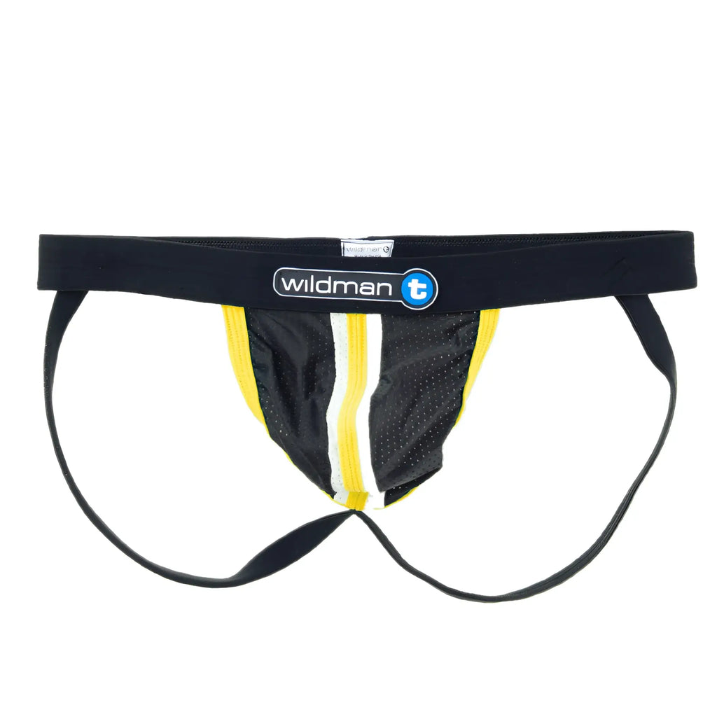 WildmanT black and yellow mesh jockstrap with a central white stripe and a black Duraband waistband with logo.
