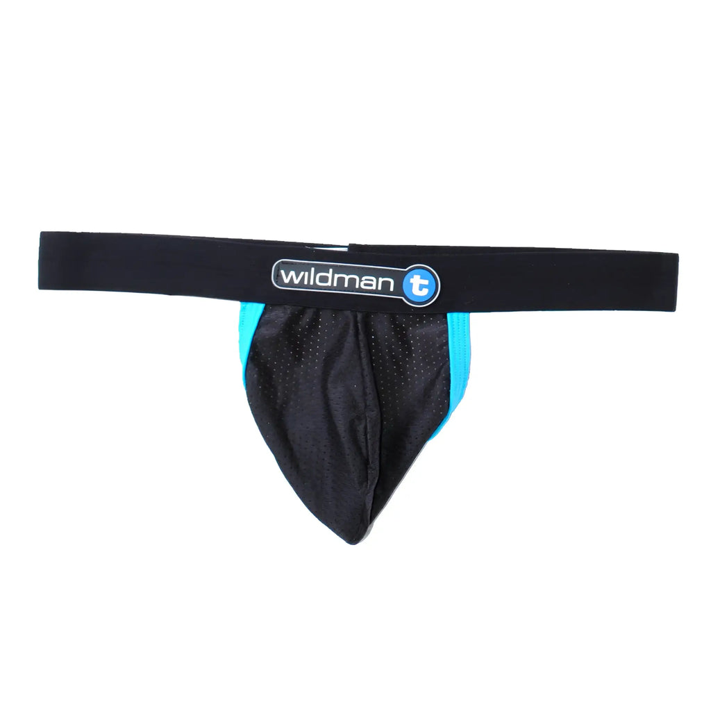 WildmanT black mesh strapless jockstrap with blue contrast trim and a branded elastic waistband on a white background.