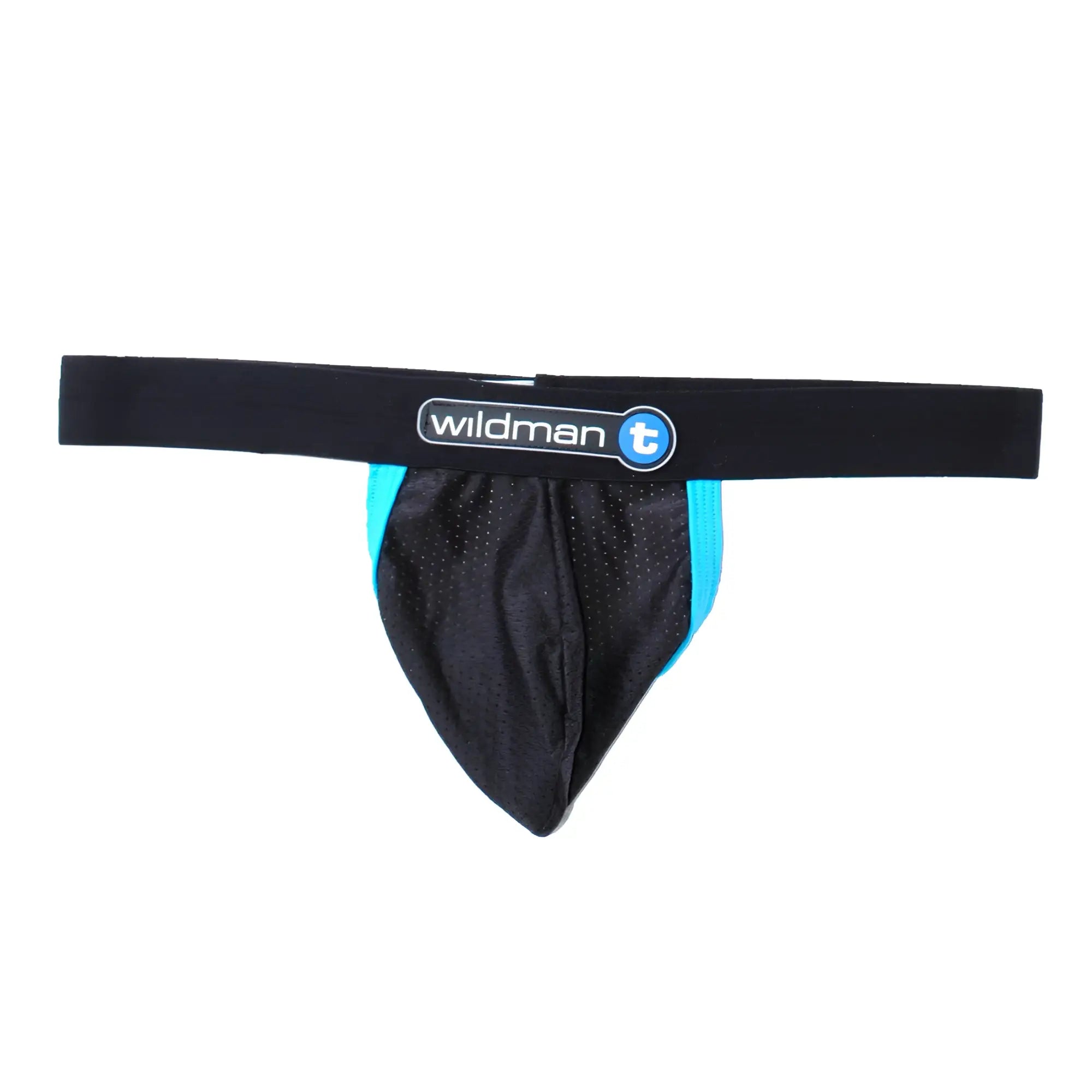 WildmanT black mesh strapless jockstrap with blue contrast trim and a branded elastic waistband on a white background.