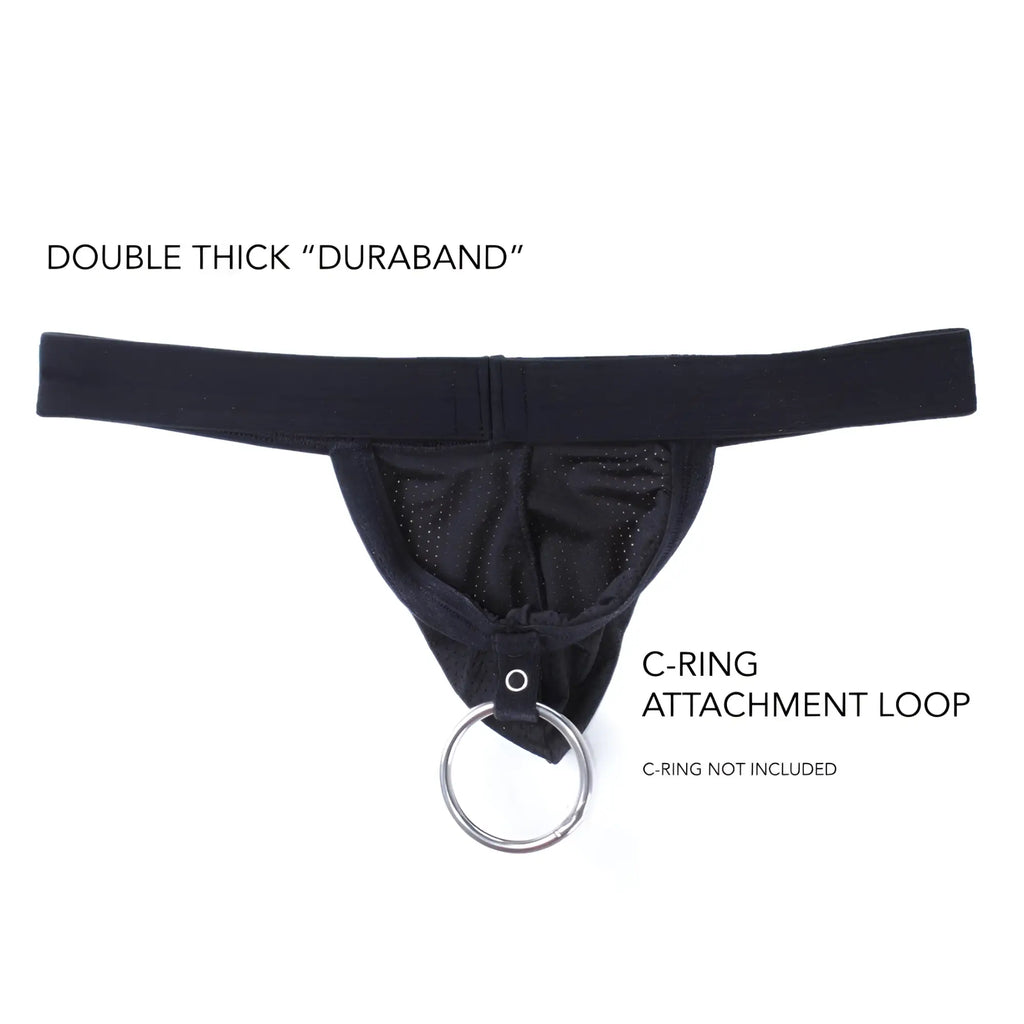 Black strapless mesh jockstrap with a double-thick Duraband and a C-ring attachment loop.