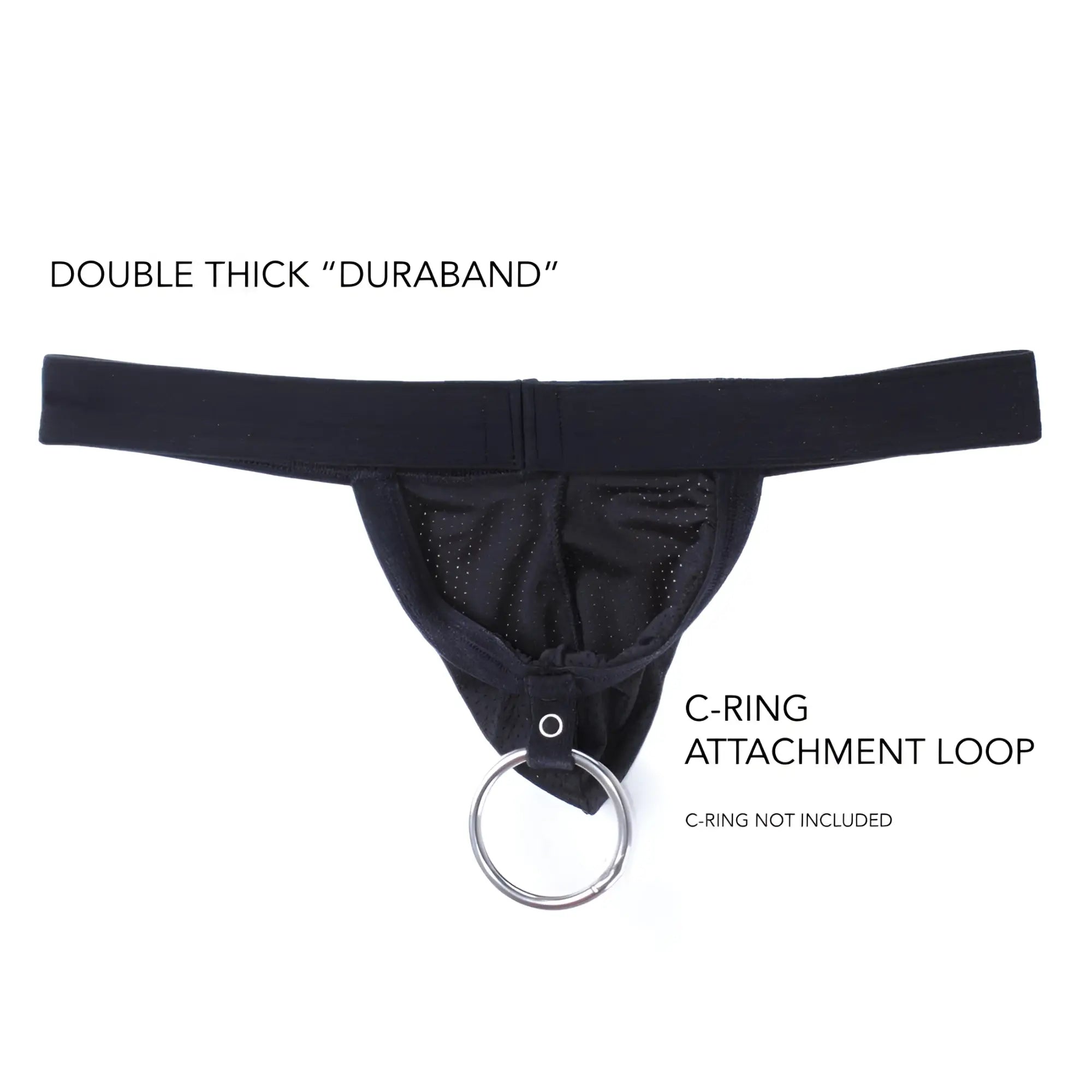 Black strapless mesh jockstrap with a double-thick Duraband and a C-ring attachment loop.