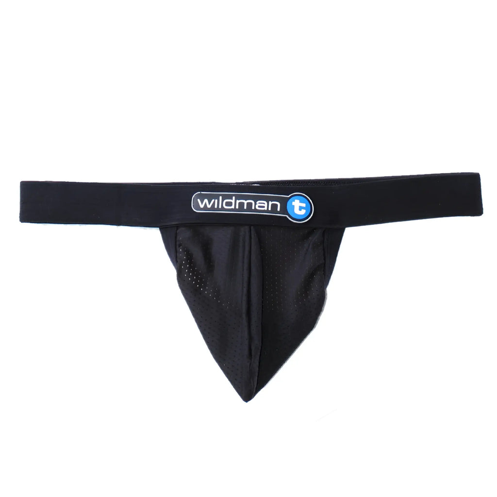 Black mesh strapless jockstrap with a C-ring loop and branded elastic Duraband waistband against a white background.