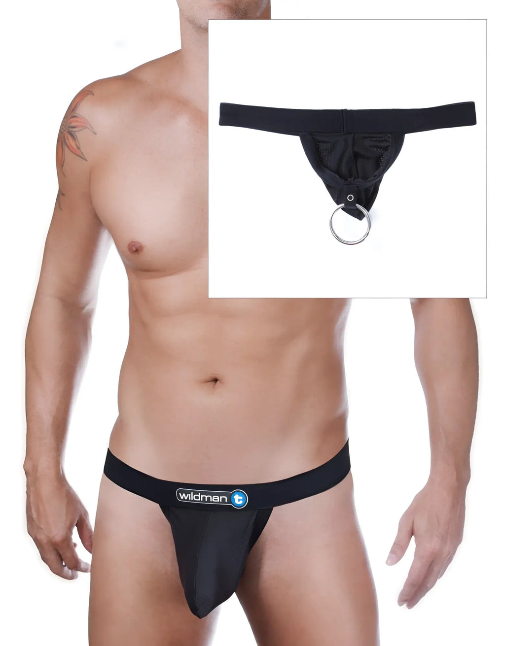 Black mesh strapless jockstrap with Duraband, WildmanT branding, and a front metal C-ring loop.