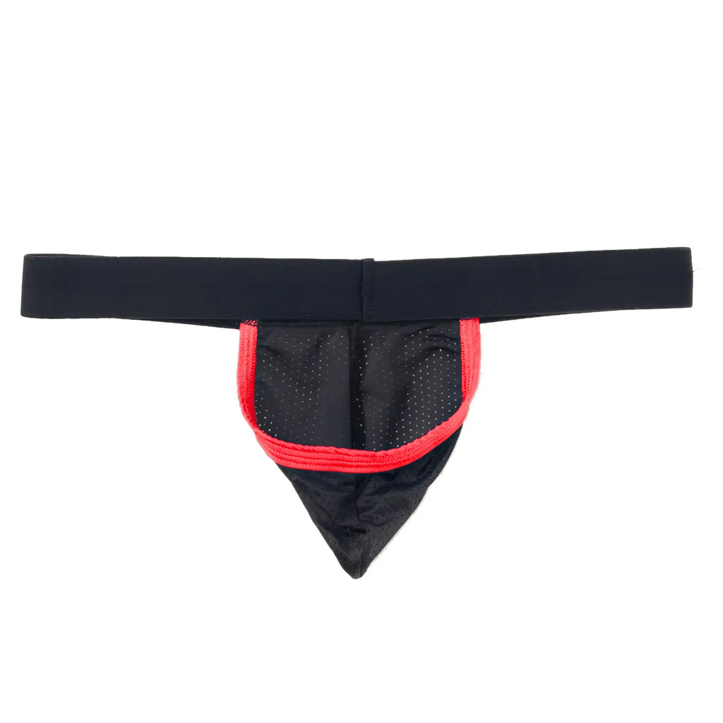 Black strapless jockstrap in mesh fabric with red contrast trim along the pouch, against a plain white background.