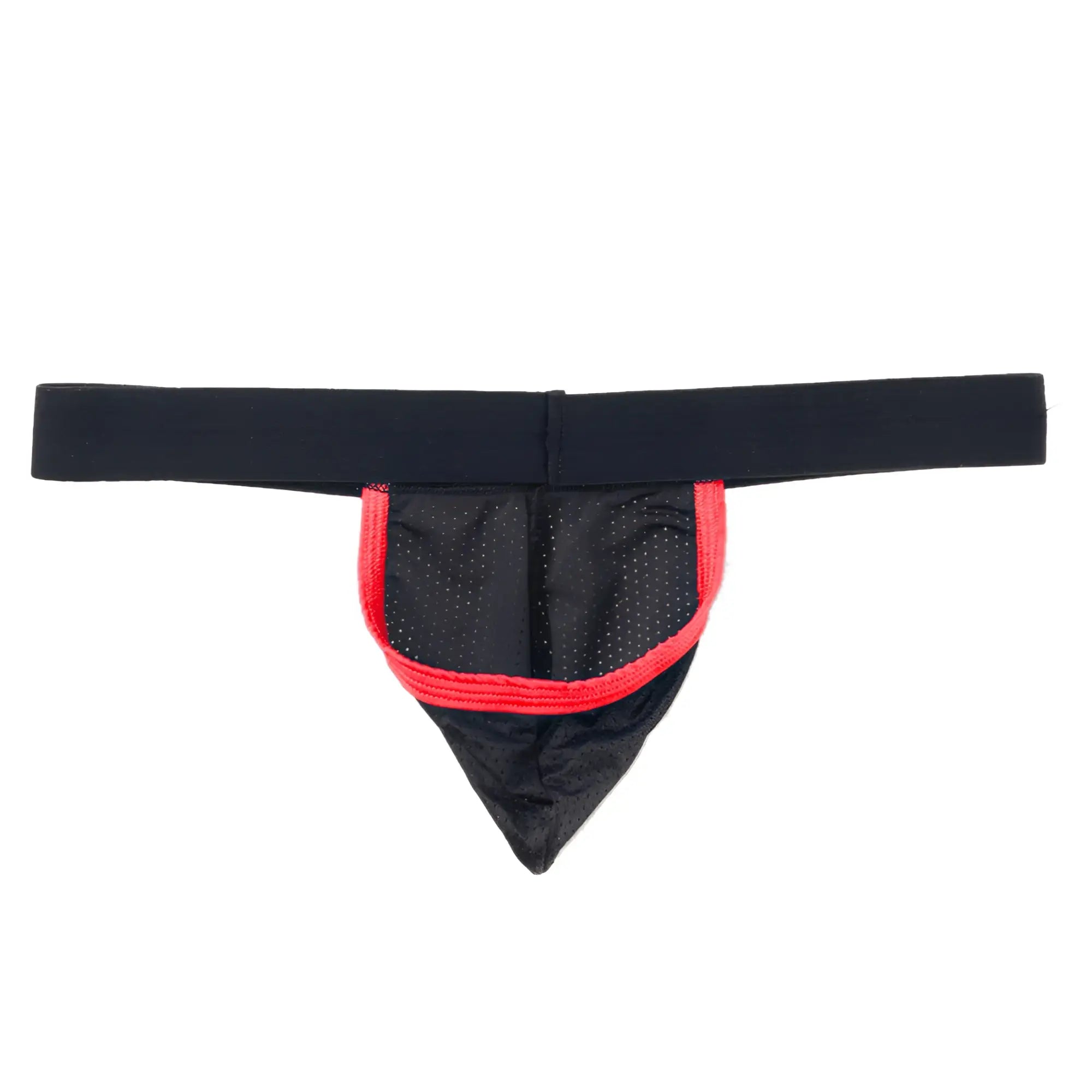 Black strapless jockstrap in mesh fabric with red contrast trim along the pouch, against a plain white background.