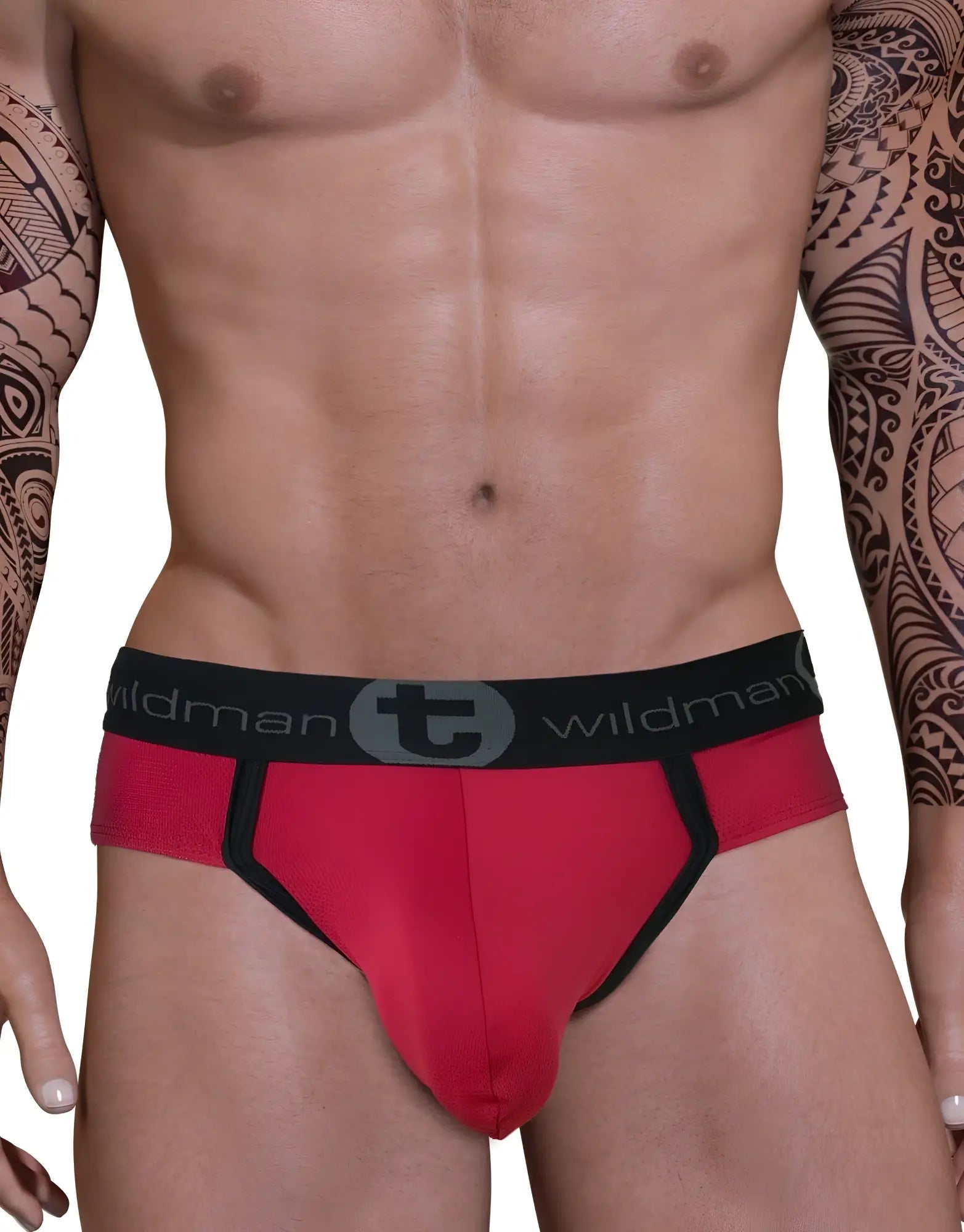 WildmanT red mesh Big Boy pouch brief with black trim and a wide, branded waistband on a muscular man.