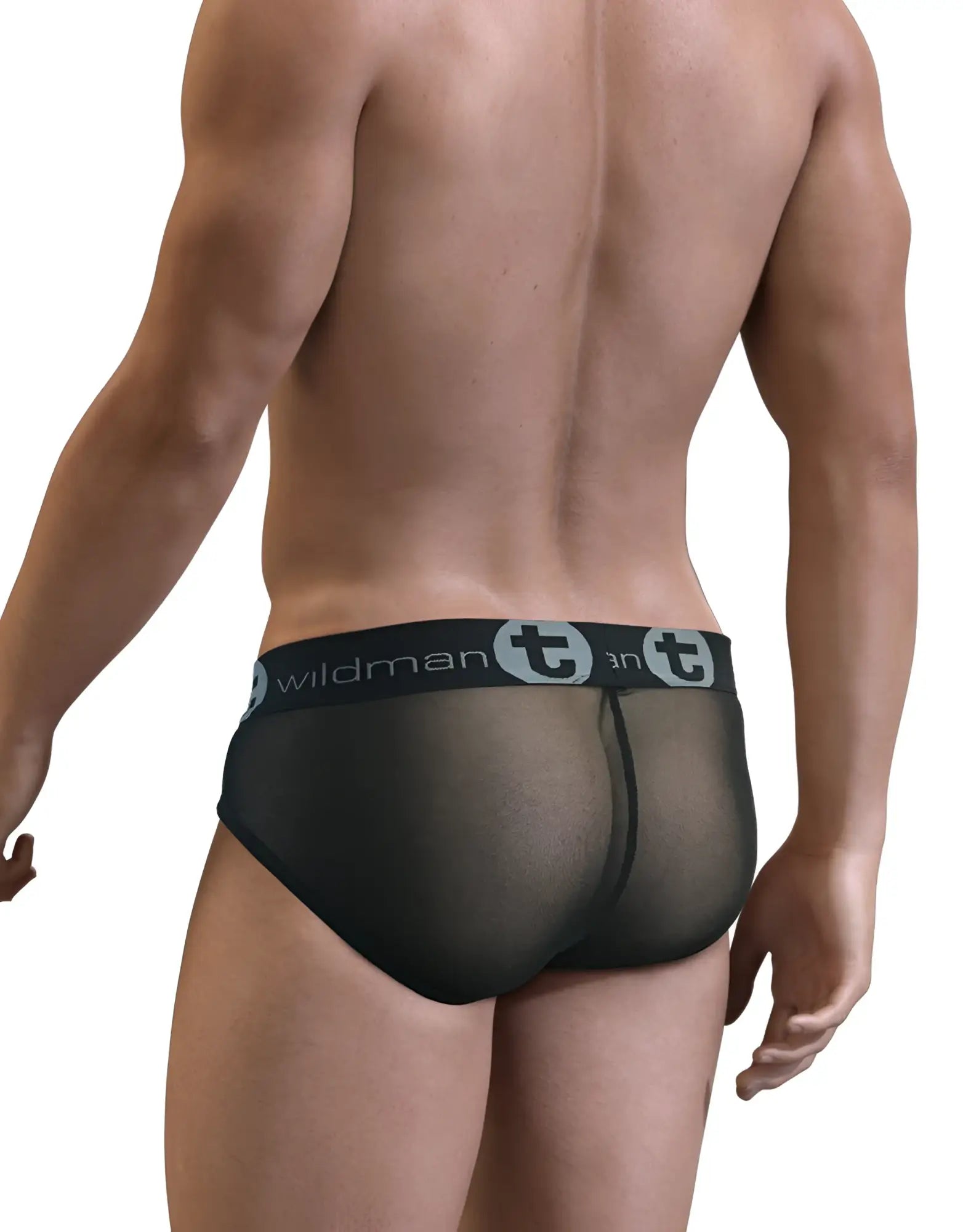 Man from behind wearing black sheer mesh pouch briefs with a logo waistband.