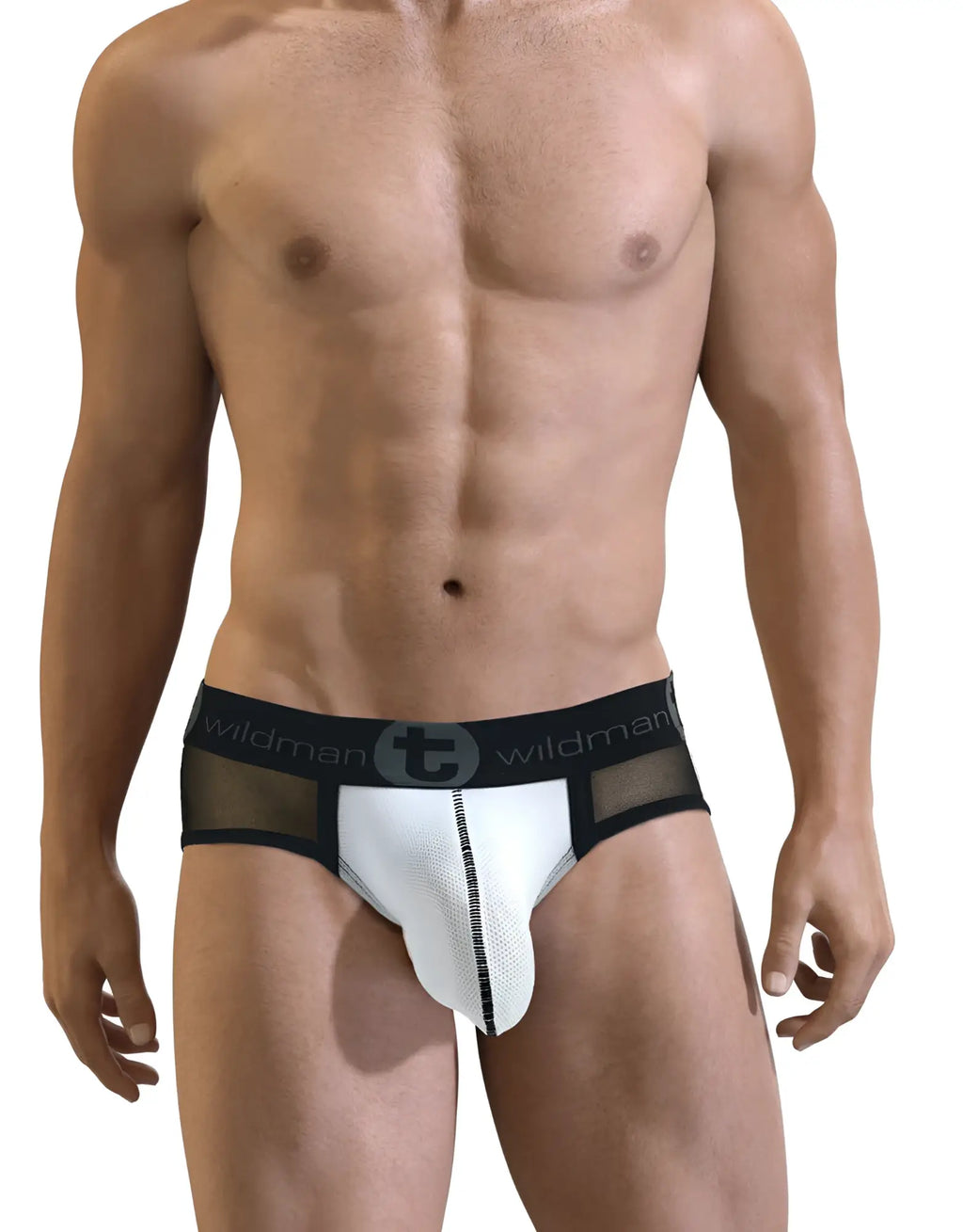White mesh pouch brief with black trim and logo waistband worn by a muscular man.