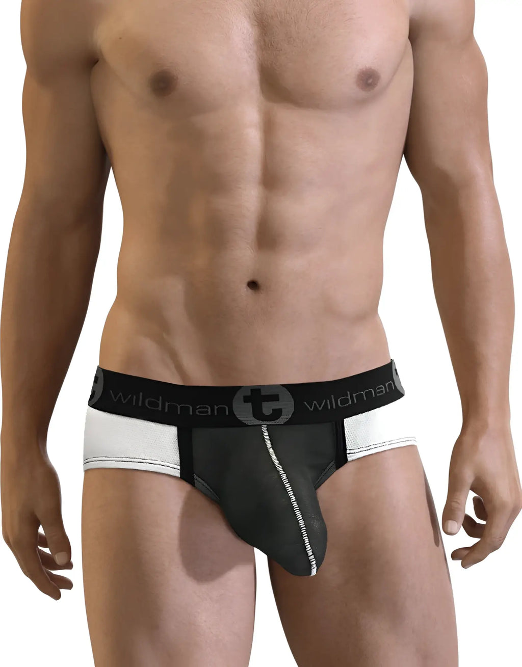 A man wearing white and black see-through pouch briefs with a wide "Wildman" branded waistband.