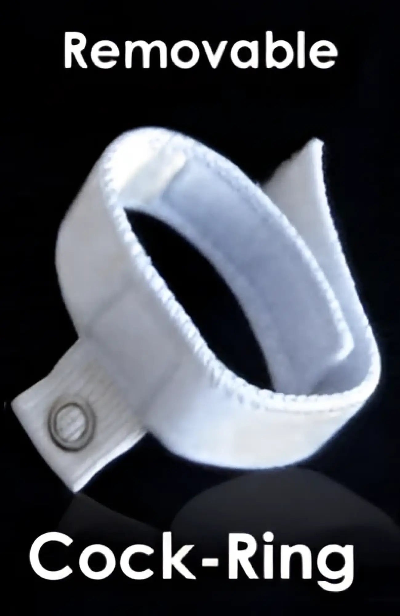 White fabric cock-ring accessory with a metal snap fastener on a black background, labeled as a removable ring.