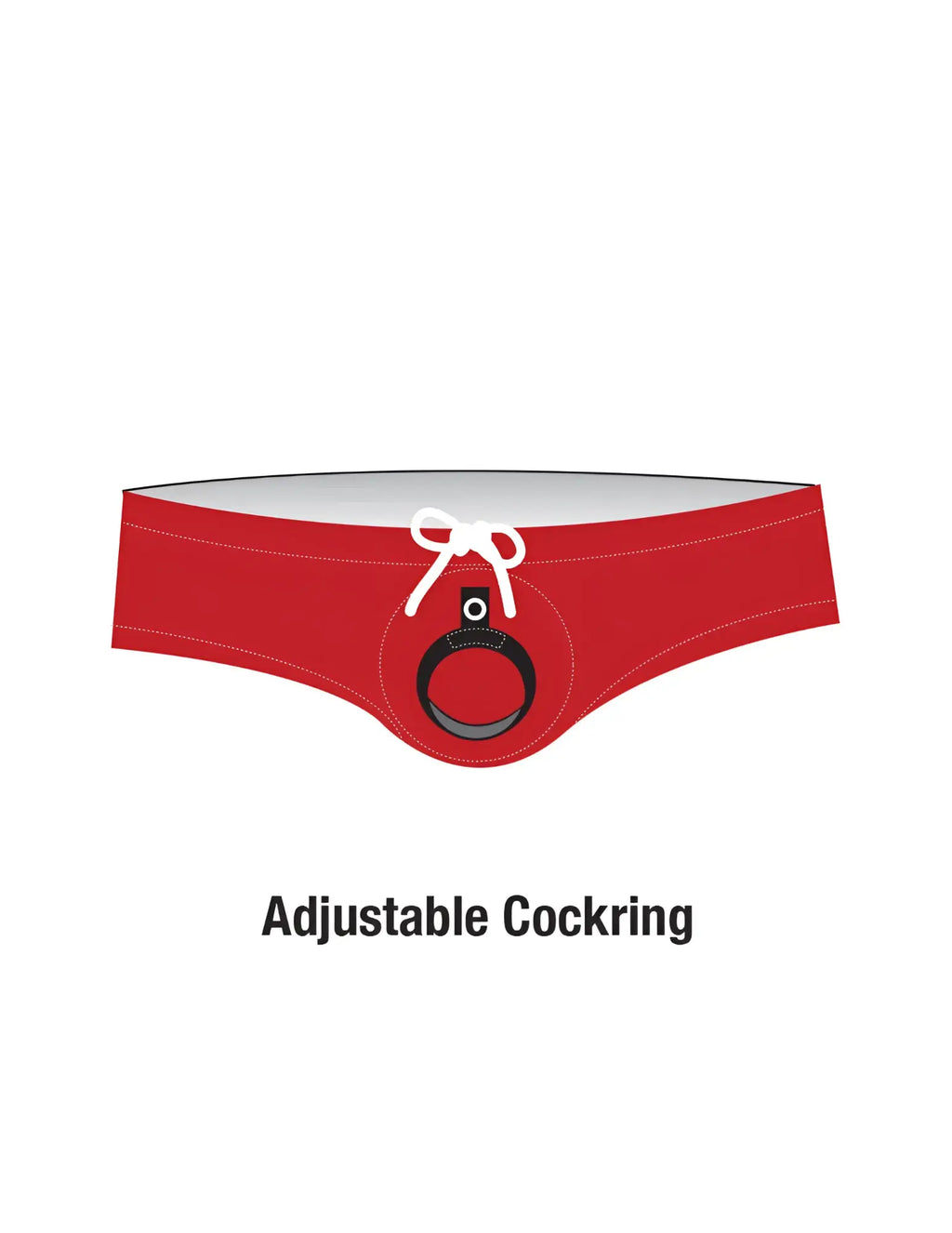 Red sport bikini swim brief with a white drawstring and a black integrated adjustable cock ring at the front.