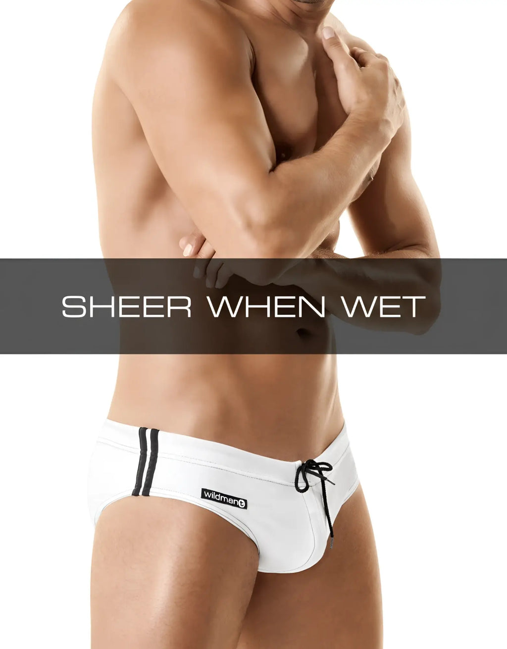 White WildmanT sport bikini swim brief with black side stripes, black drawstring, and logo on a toned male model.